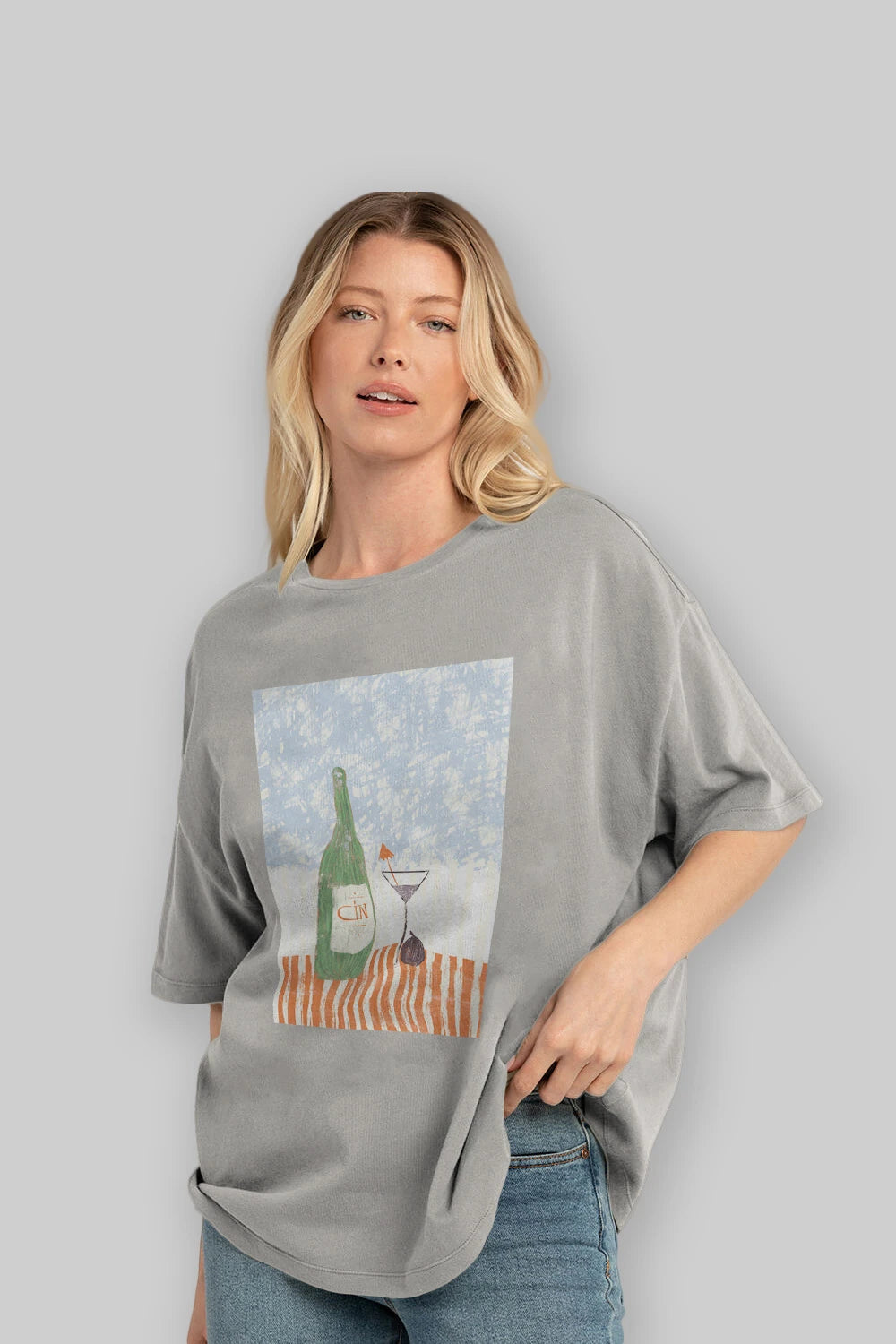 Gin Ön Baskılı Oversize t-shirt Erkek Kadın Unisex %100 Pamuk Bisiklet Yaka tişort