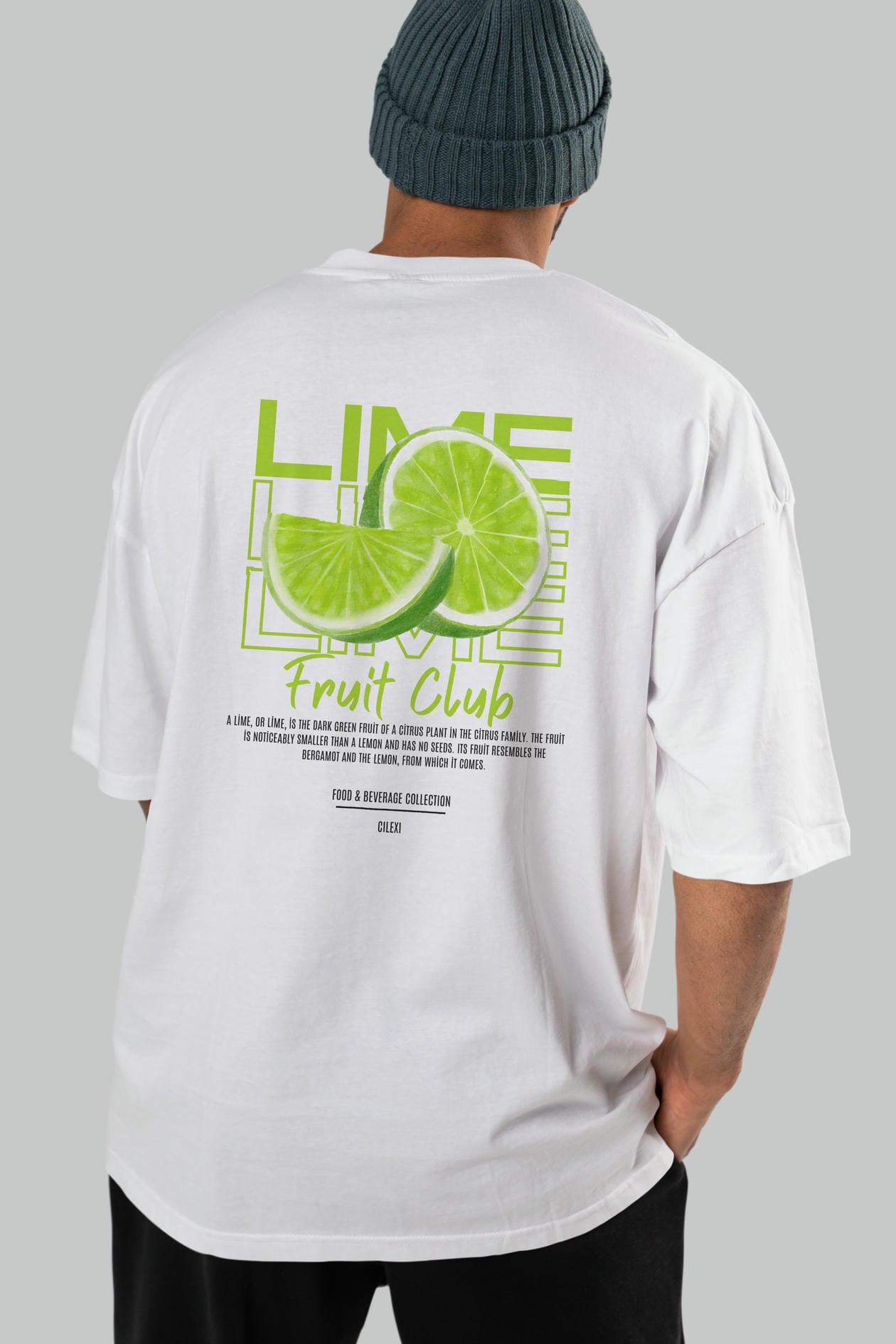 Lime Arka Baskılı Oversize t-shirt Erkek Kadın Pamuk Bisiklet Yaka tişort