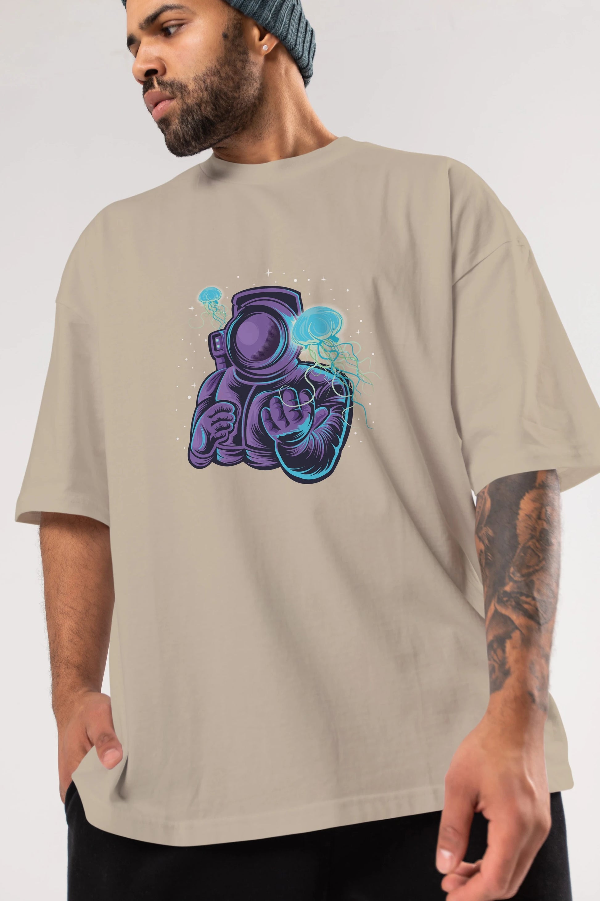 Astronaut and Jellyfish Ön Baskılı Oversize t-shirt Erkek Kadın Unisex