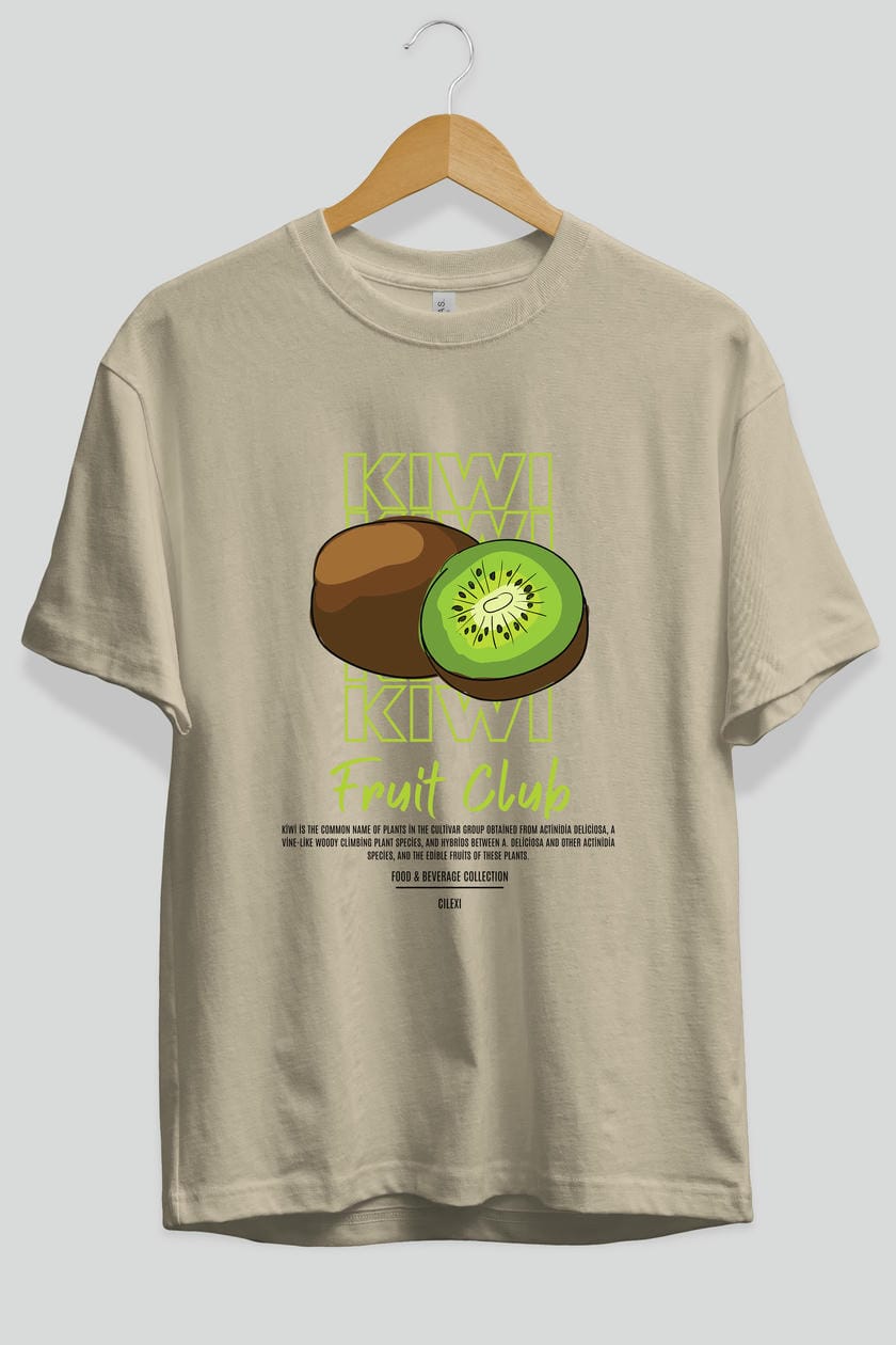 Kiwi Ön Baskılı Oversize t-shirt Erkek Kadın Pamuk Bisiklet Yaka tişort