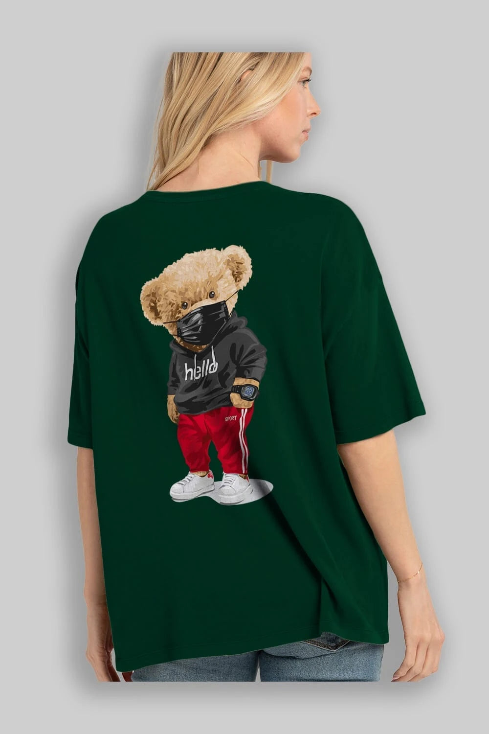 Teddy Bear Hello Sport Arka Baskılı Oversize t-shirt Erkek Kadın Unisex %100 Pamuk