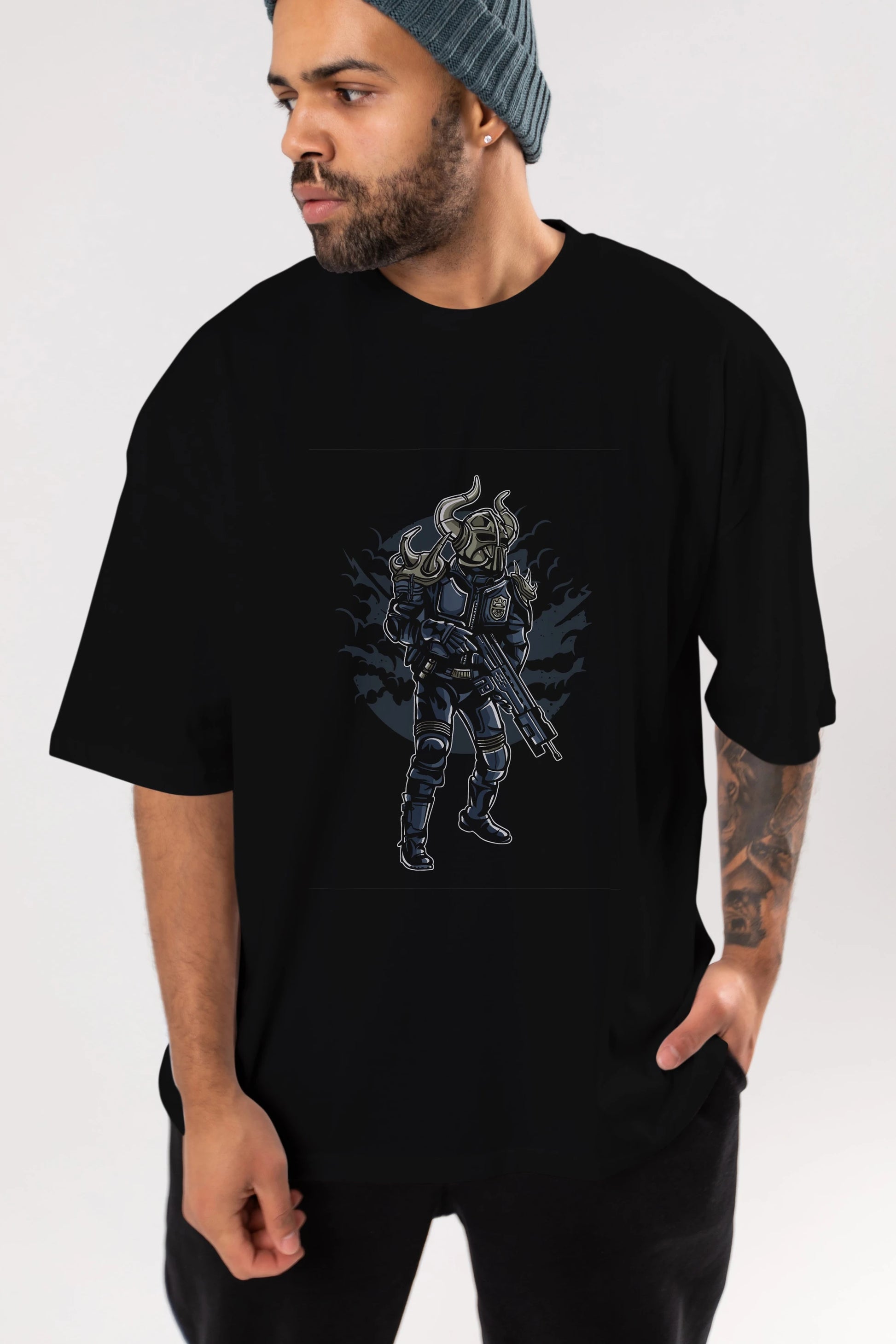 Viking Soldier Ön Baskılı Oversize t-shirt Erkek Kadın Unisex %100 Pamuk tişort