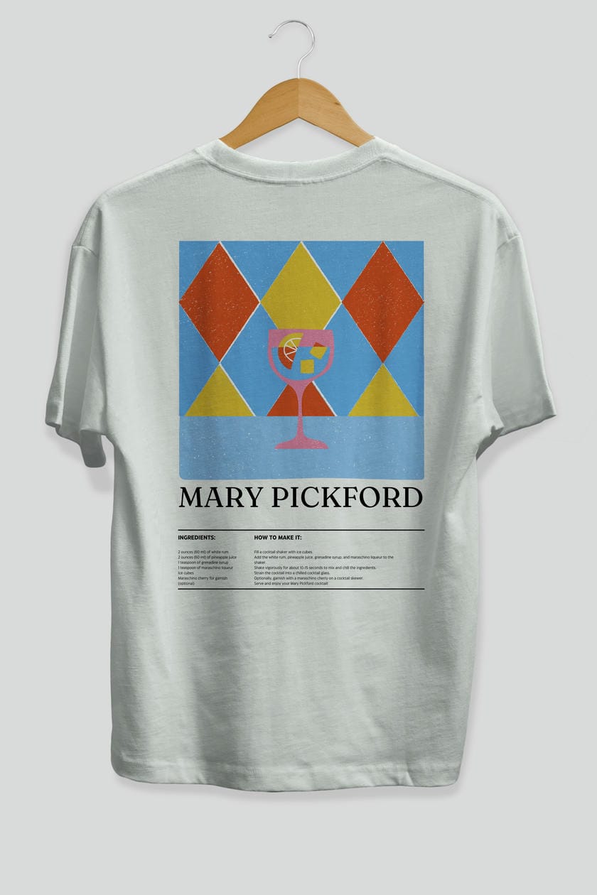Mary Pickford Kokteyl Serisi Arka Baskılı Oversize t-shirt Erkek Kadın %100 Pamuk Bisiklet Yaka tişort