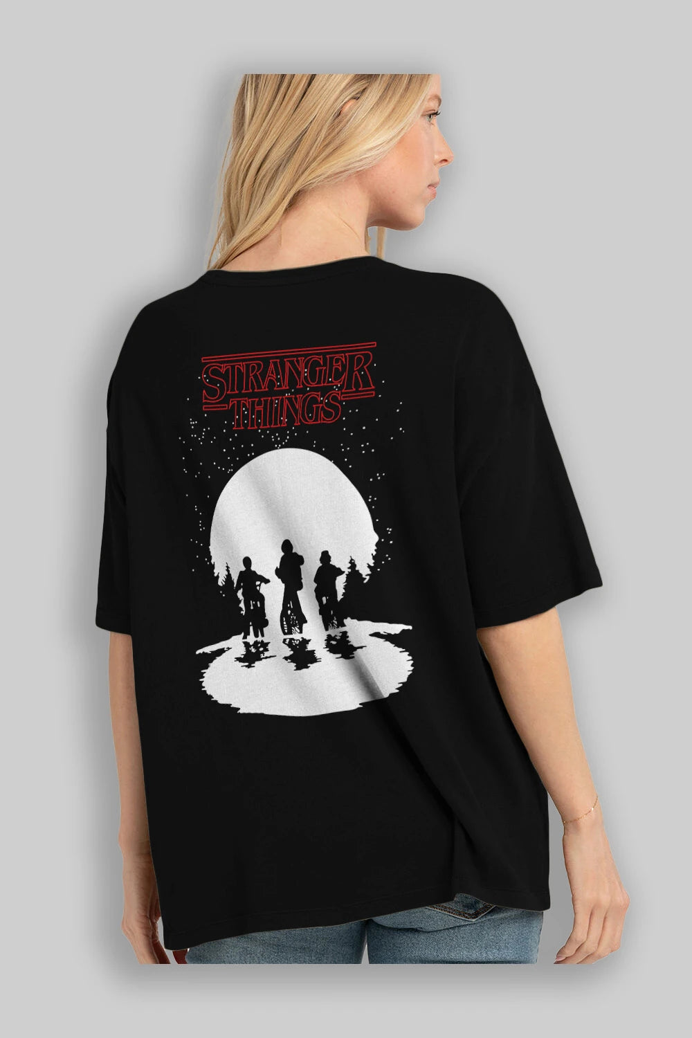 Stranger Things Arka Baskılı Oversize t-shirt Erkek Kadın Unisex %100 Pamuk Bisiklet Yaka tişort