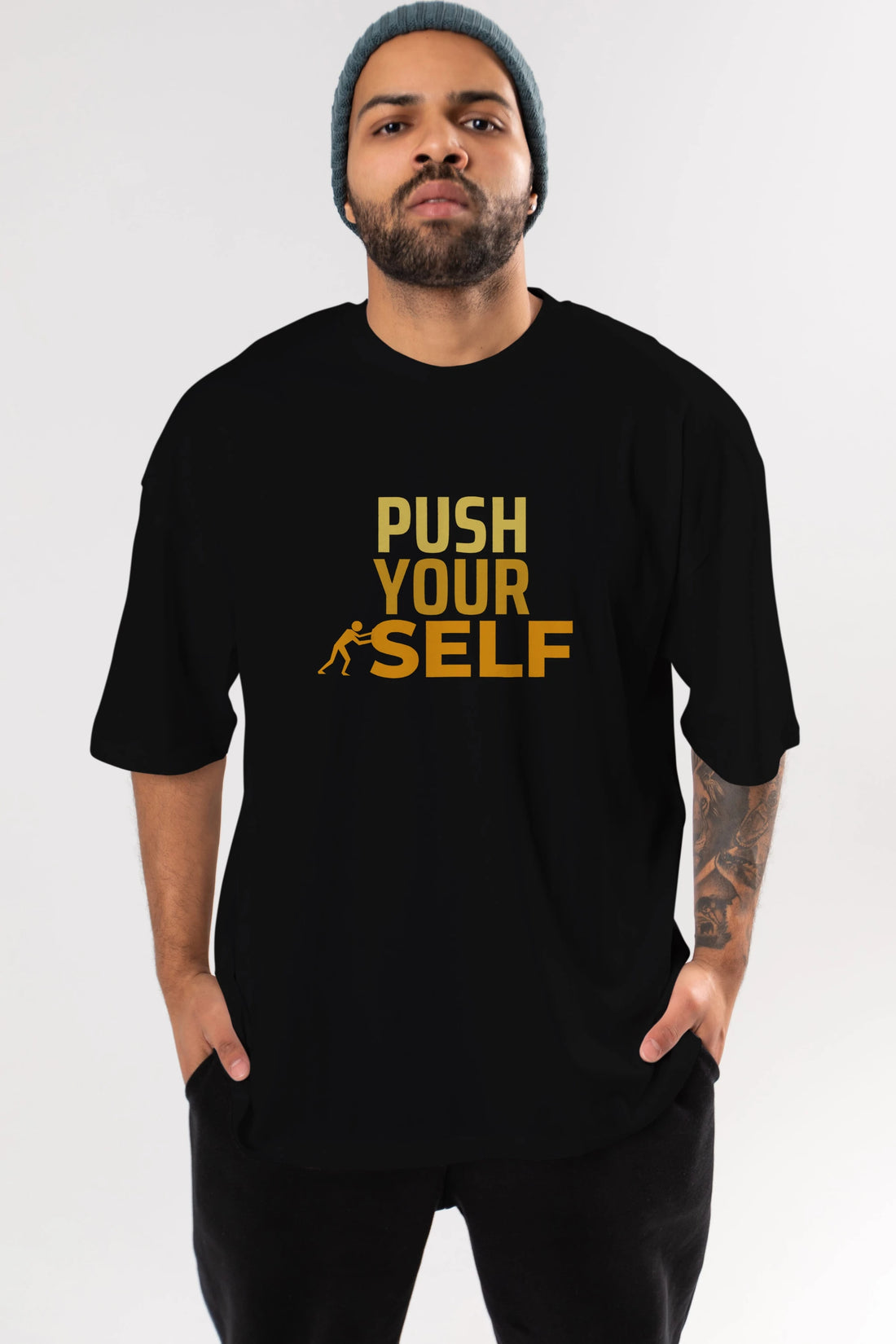 Push Yourself Yazılı Ön Baskılı Oversize t-shirt Erkek Kadın Unisex