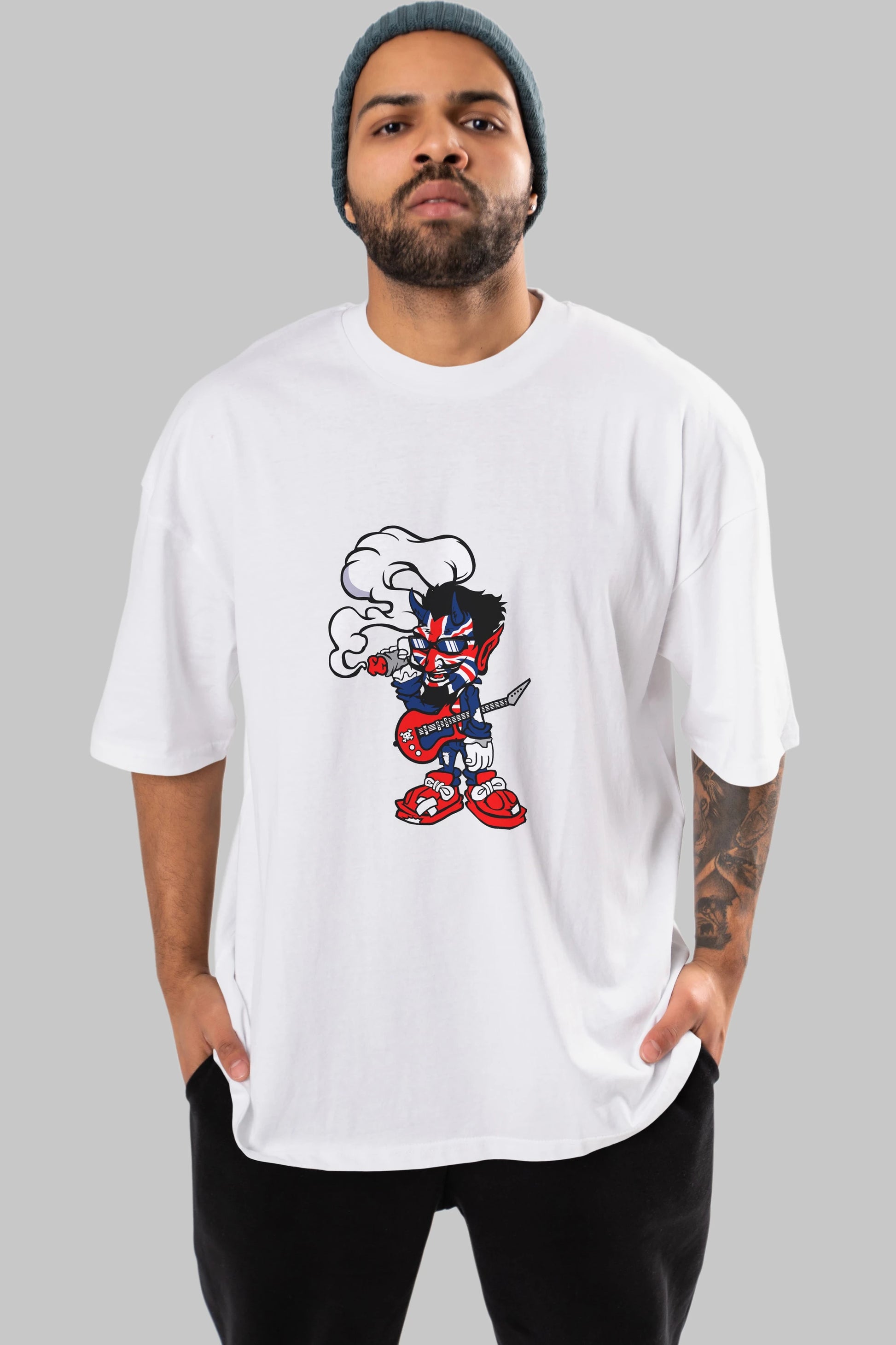 Uk Devil Rockstar Ön Baskılı Oversize t-shirt Erkek Kadın Unisex %100 Pamuk tişort
