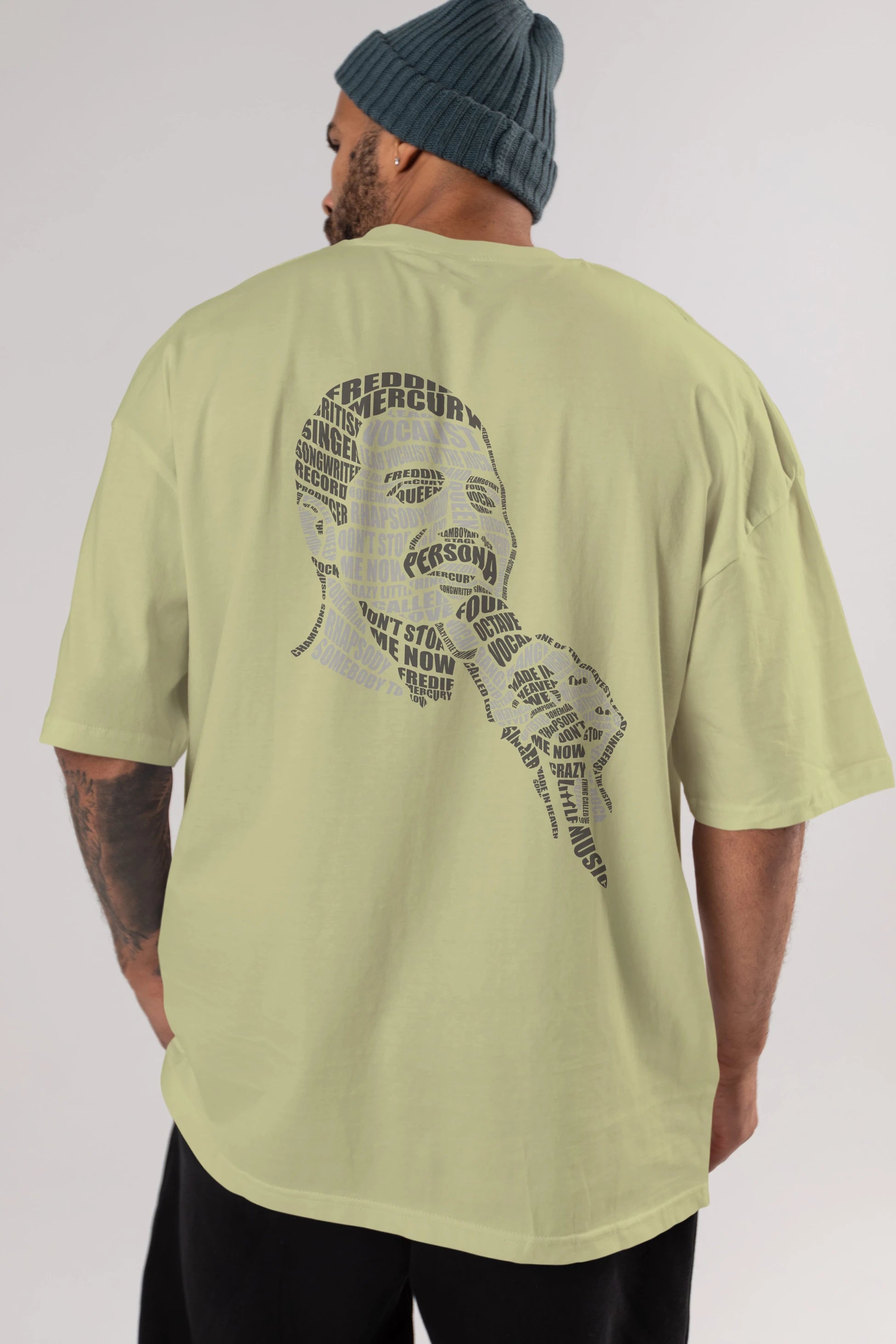 Freddy Mercuri Calligram Arka Baskılı Oversize t-shirt %100 pamuk Erkek Kadın Unisex