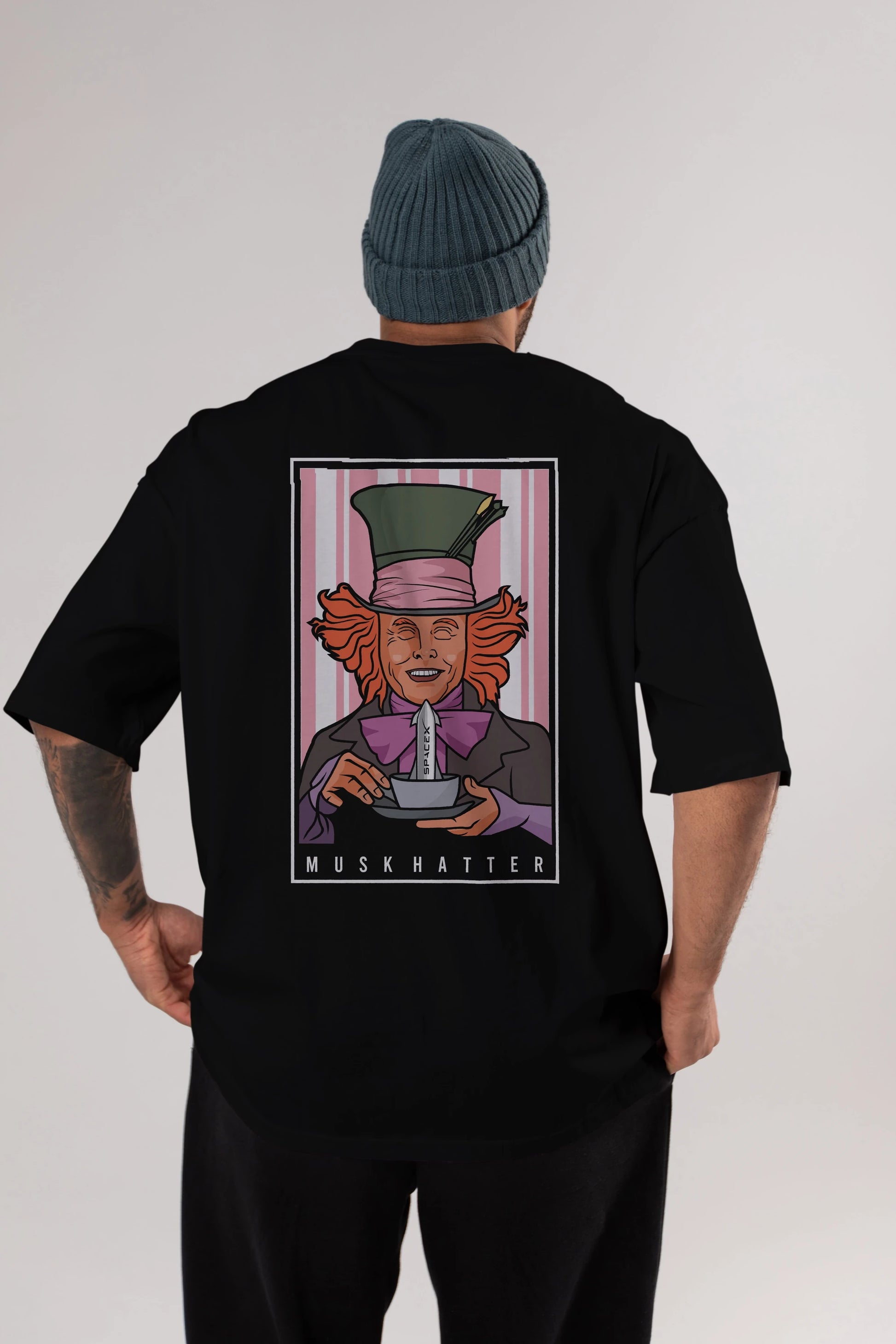 Mad Hatter Elon Musk Arka Baskılı Oversize t-shirt Erkek Kadın Unisex %100 Pamuk tişort