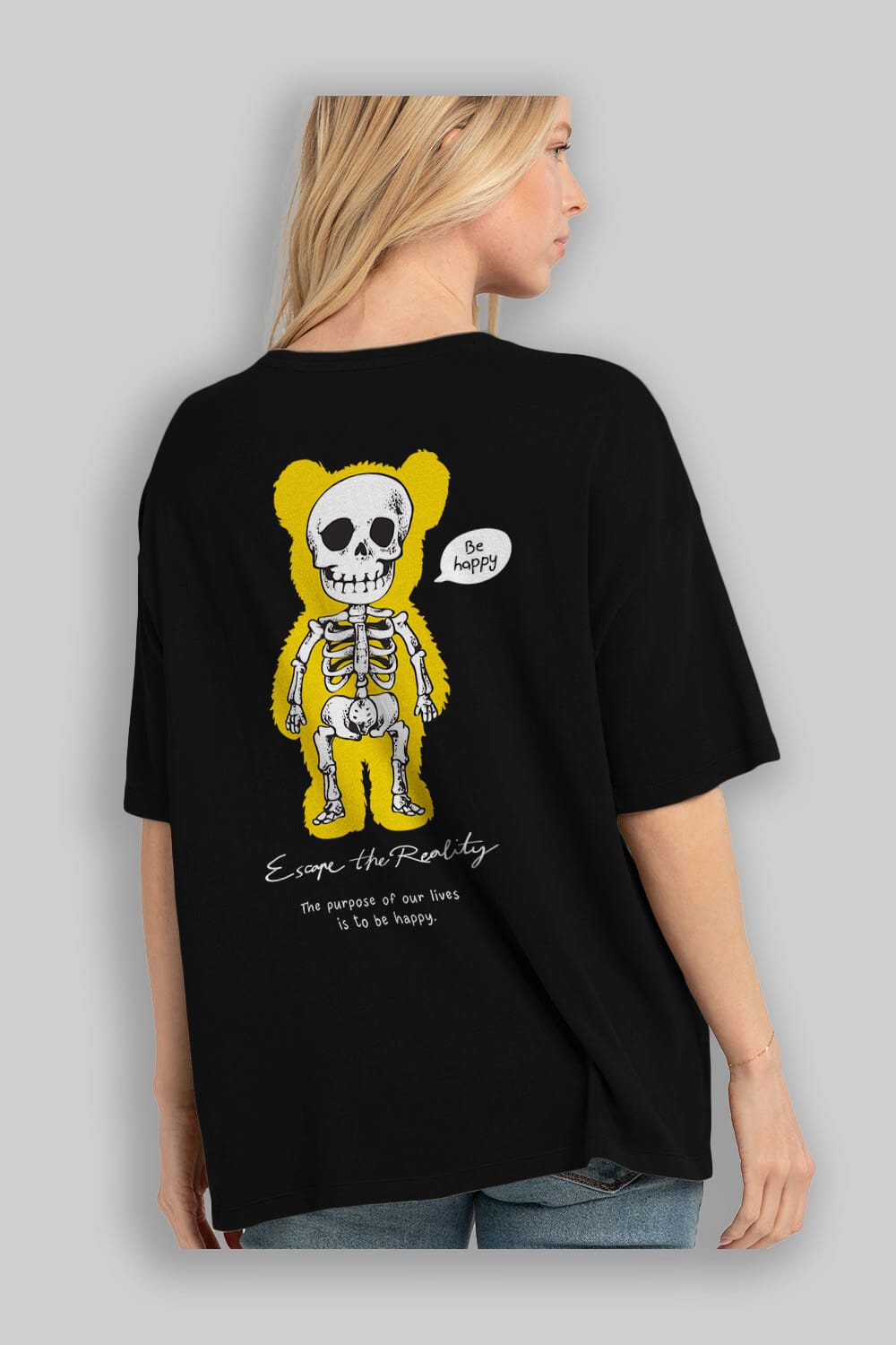 Be Happy Bear Arka Baskılı Oversize t-shirt Erkek Kadın Unisex