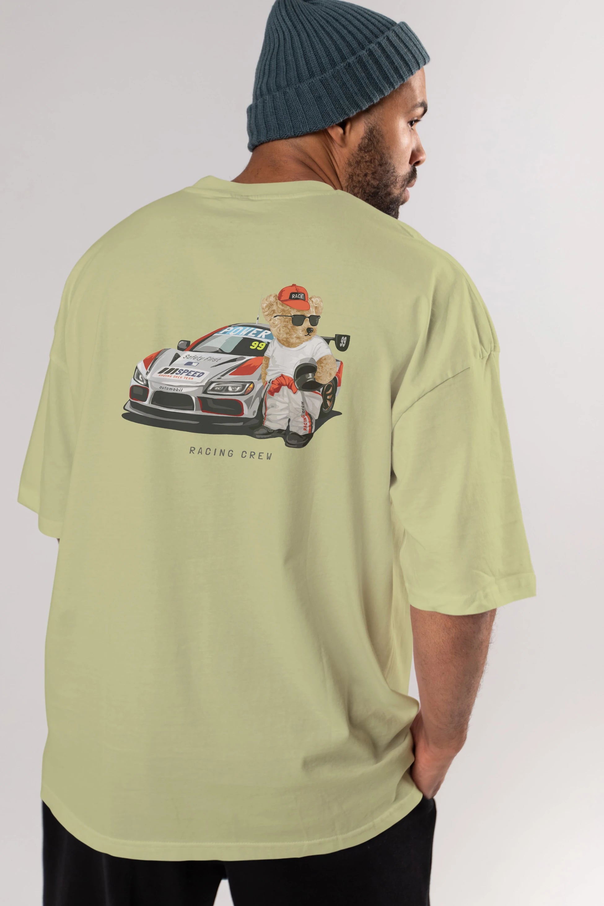 Teddy Bear Racing Crew Arka Baskılı Oversize t-shirt Erkek Kadın Unisex %100 Pamuk