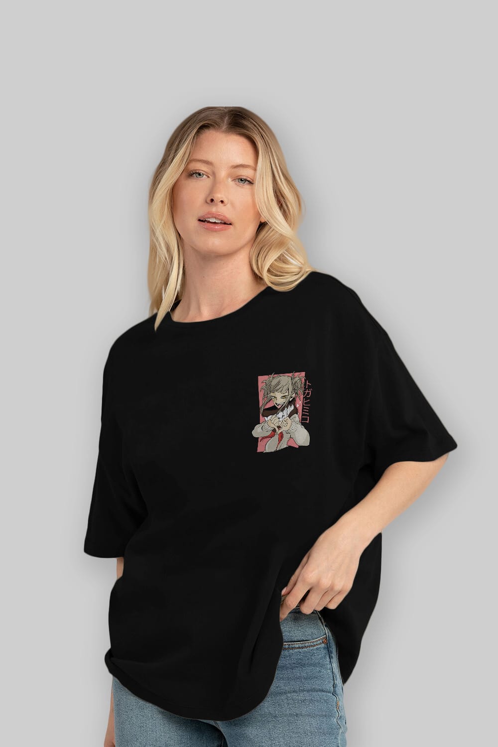 Himiko Toga Ön Sol Baskılı Oversize t-shirt Erkek Kadın Unisex %100 Pamuk Bisiklet Yaka tişort