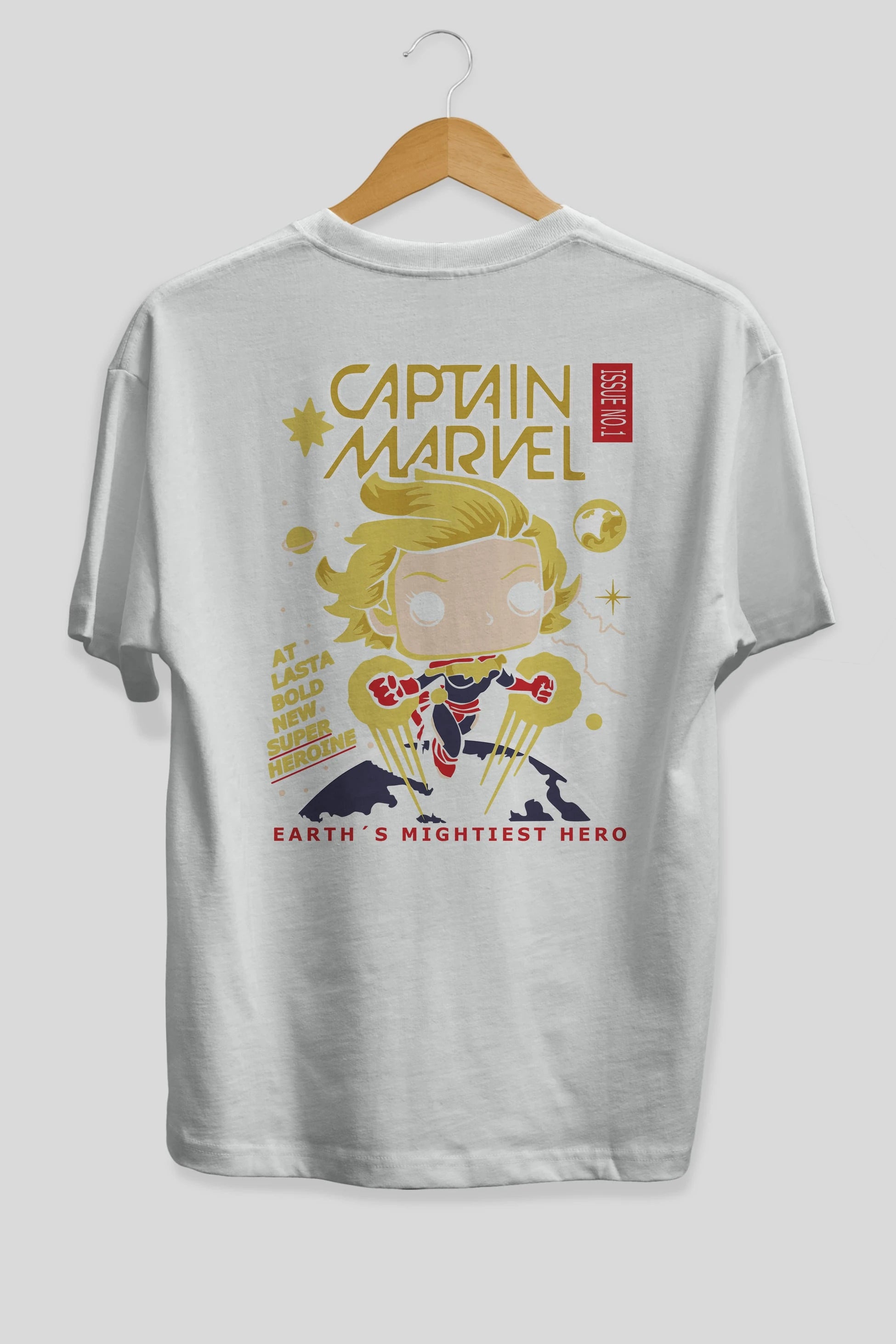 Captain Marvel Arka Baskılı Oversize t-shirt Erkek Kadın Unisex %100 Pamuk Bisiklet Yaka tişort