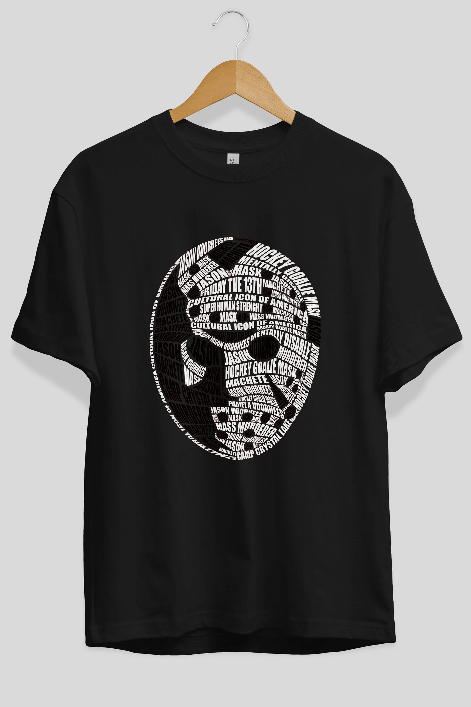 Jason Voorhees Calligram Ön Baskılı Oversize t-shirt %100 pamuk Erkek Kadın Unisex