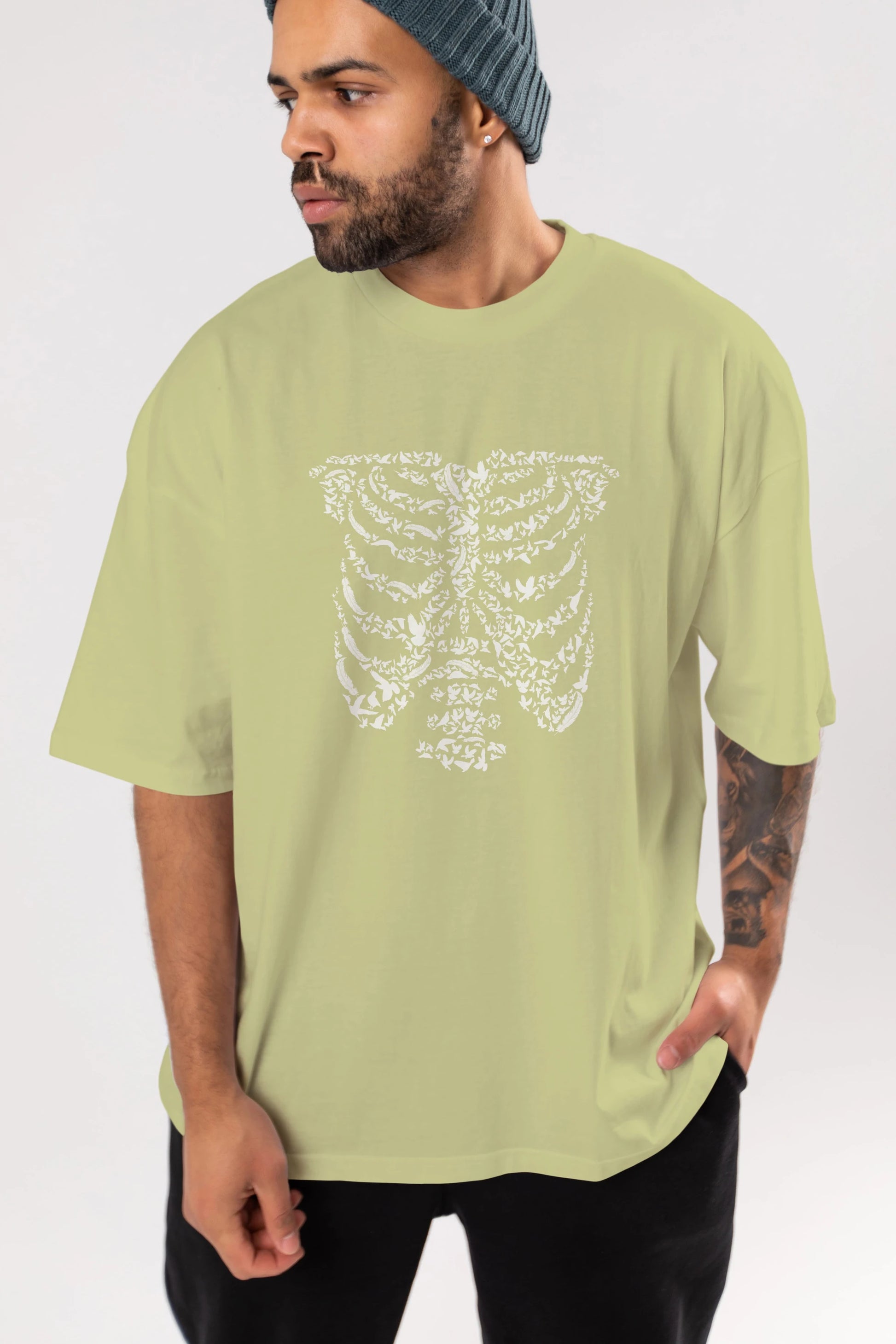 Ribcage Bird Ön Baskılı Oversize t-shirt %100 pamuk Erkek Kadın Unisex
