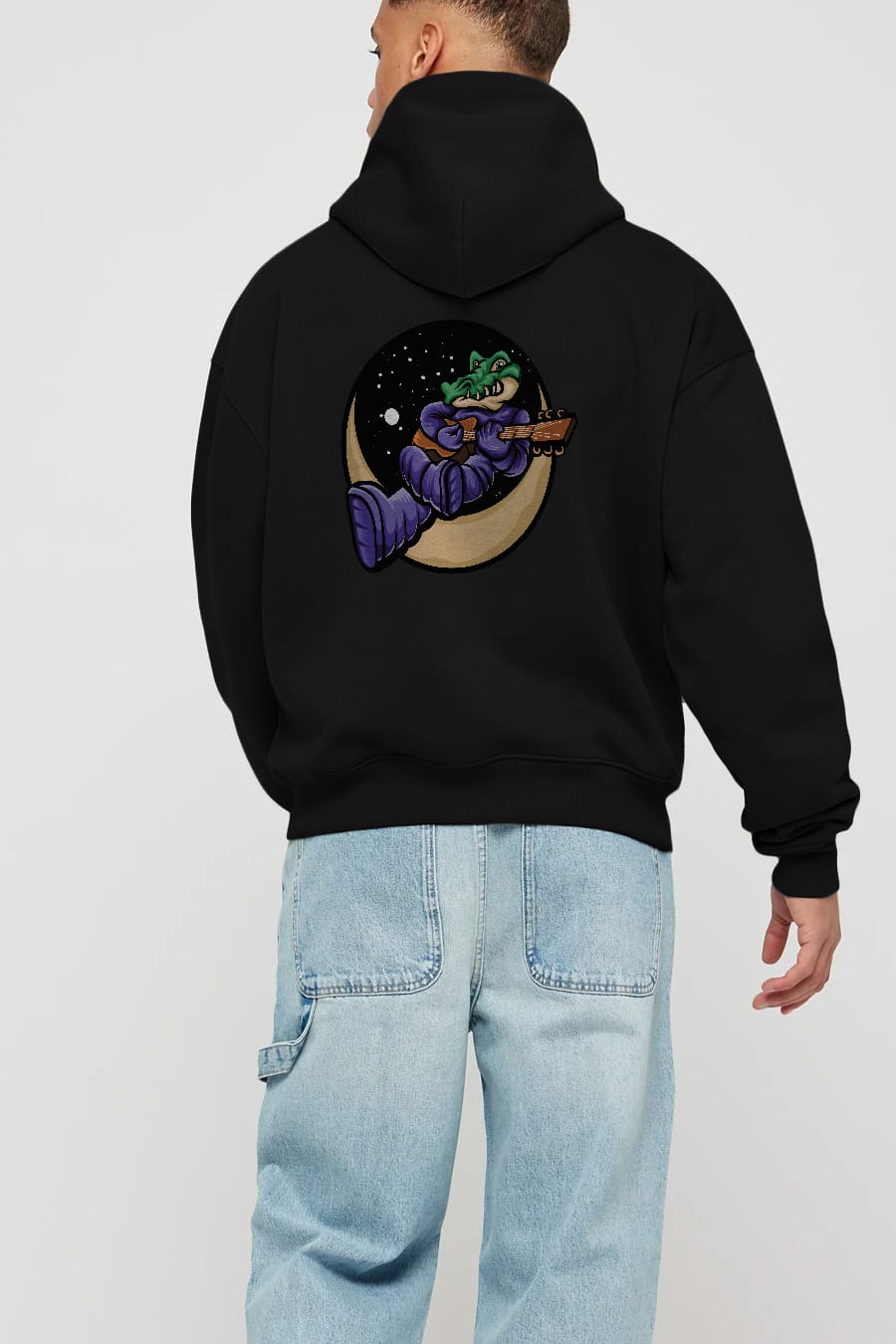 Space Crocodile Arka Baskılı Hoodie Oversize Kapüşonlu Sweatshirt Erkek Kadın Unisex