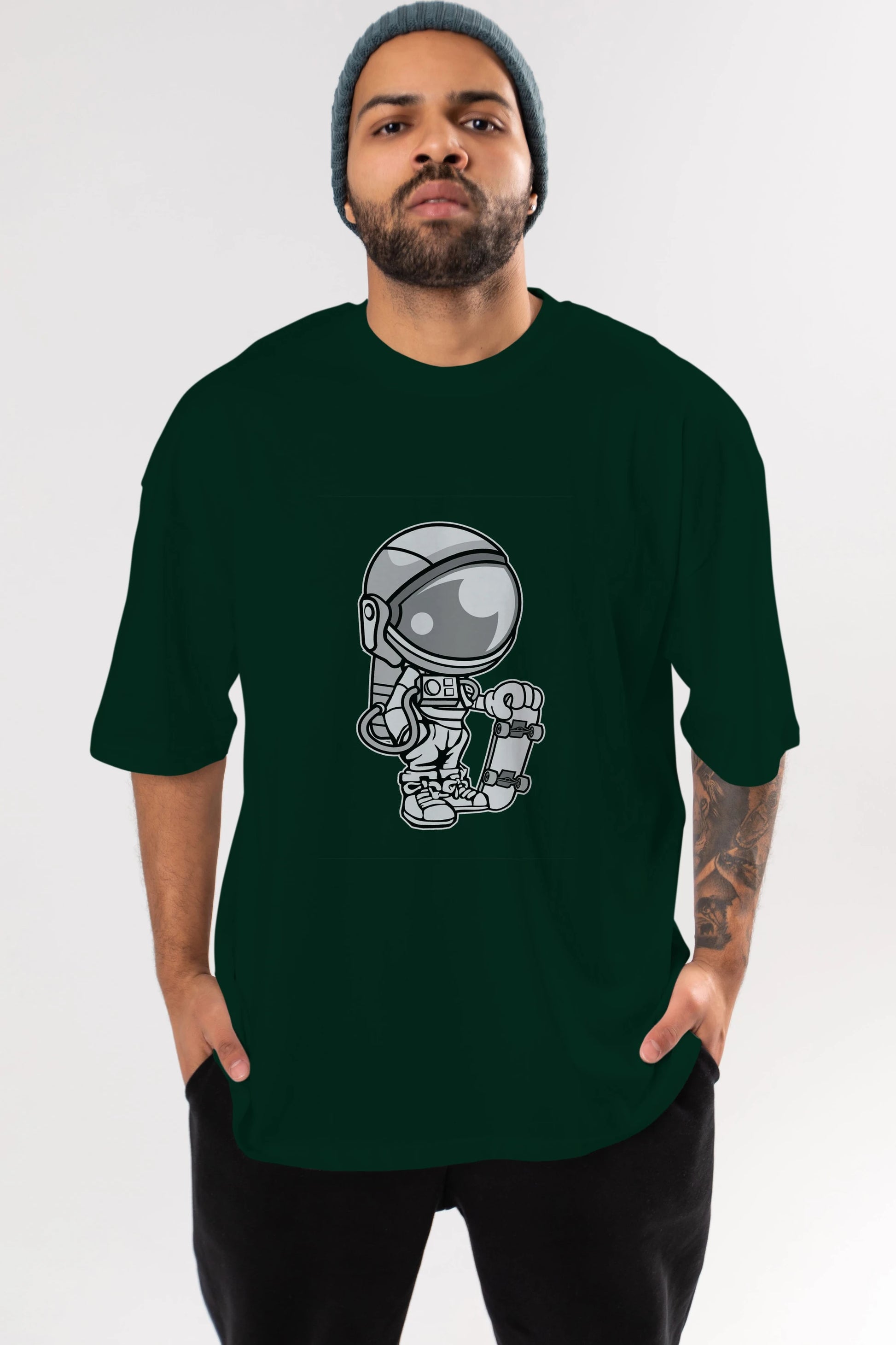 Astronaut Skaterboy Ön Baskılı Oversize t-shirt Erkek Kadın Unisex %100 Pamuk tişort