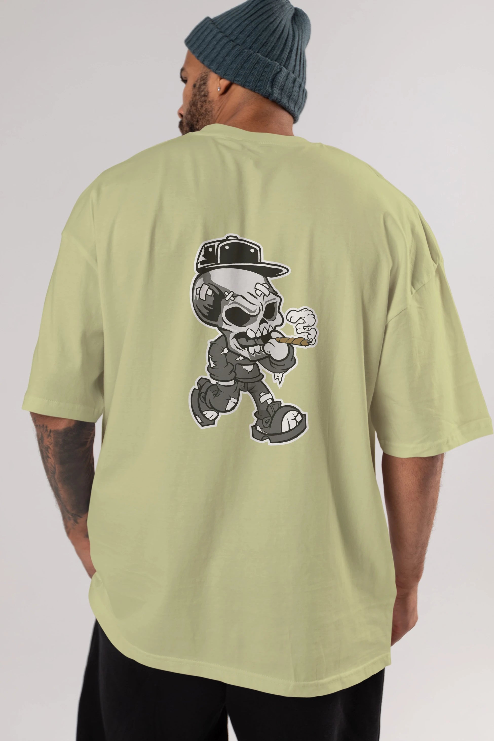 Skull Smoker Arka Baskılı Oversize t-shirt Erkek Kadın Unisex %100 Pamuk tişort