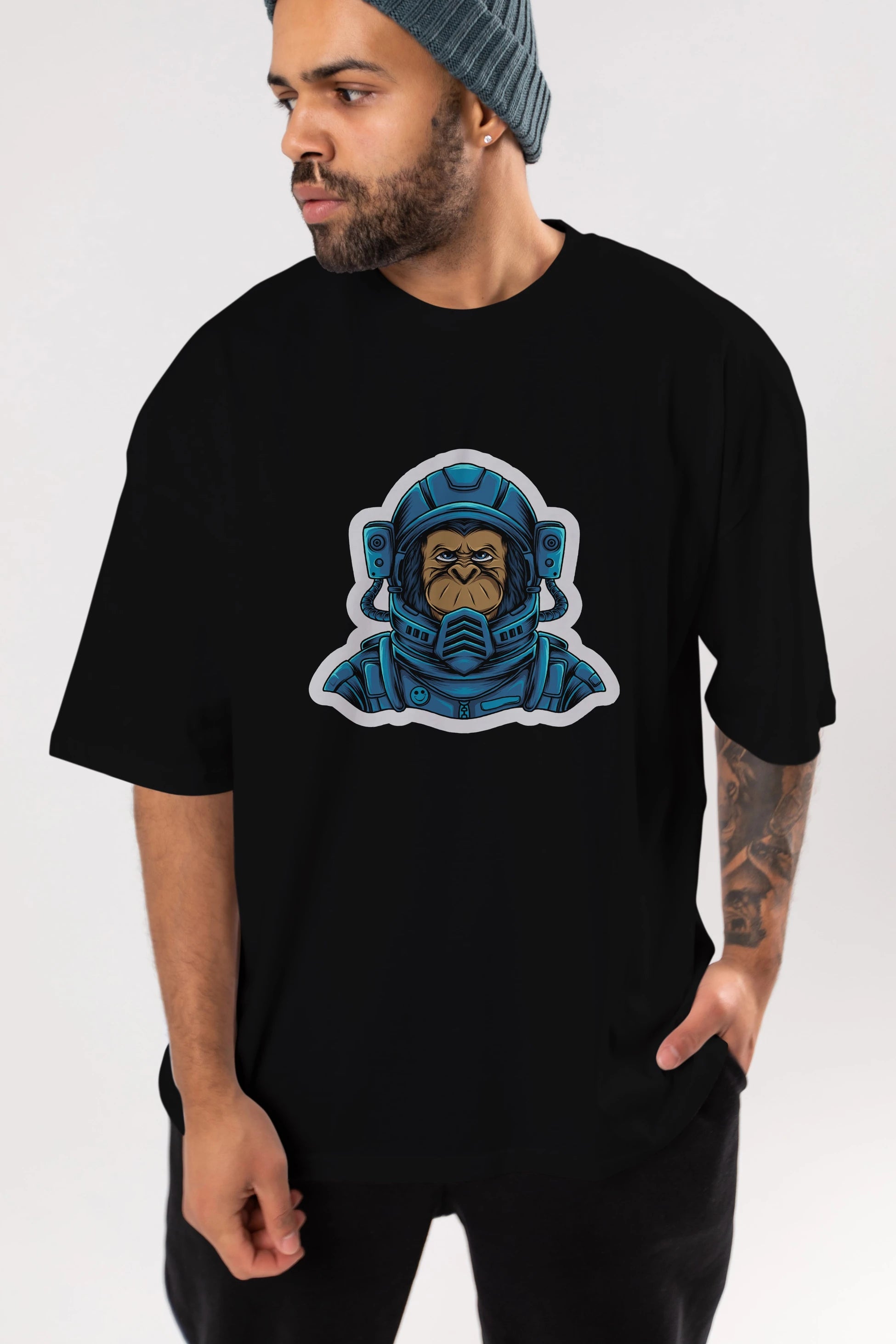 Astromonkey Sticker Ön Baskılı Oversize t-shirt Erkek Kadın Unisex