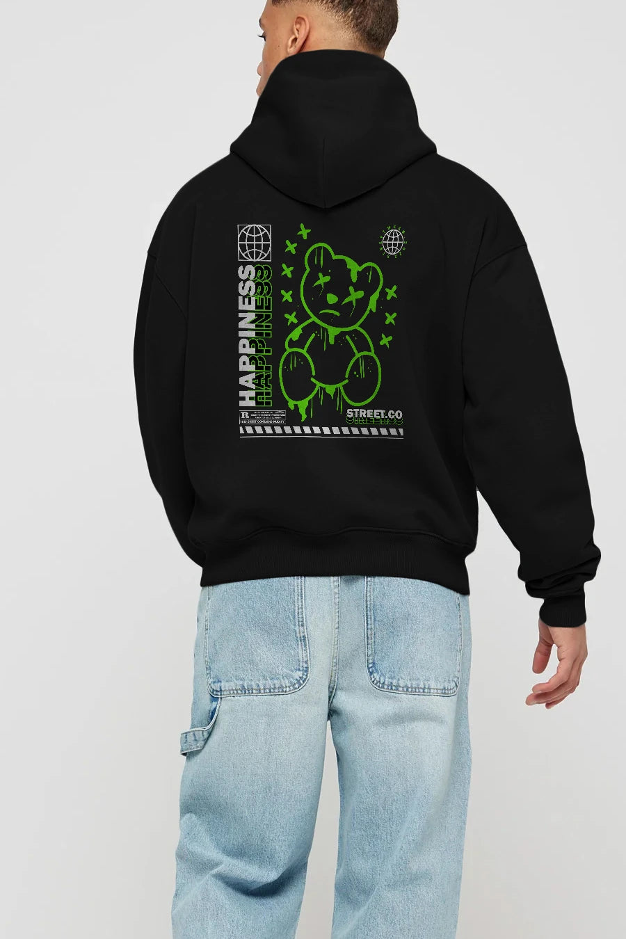 Happiness Bear 3 Arka Baskılı Hoodie Oversize Kapüşonlu Sweatshirt Erkek Kadın Unisex
