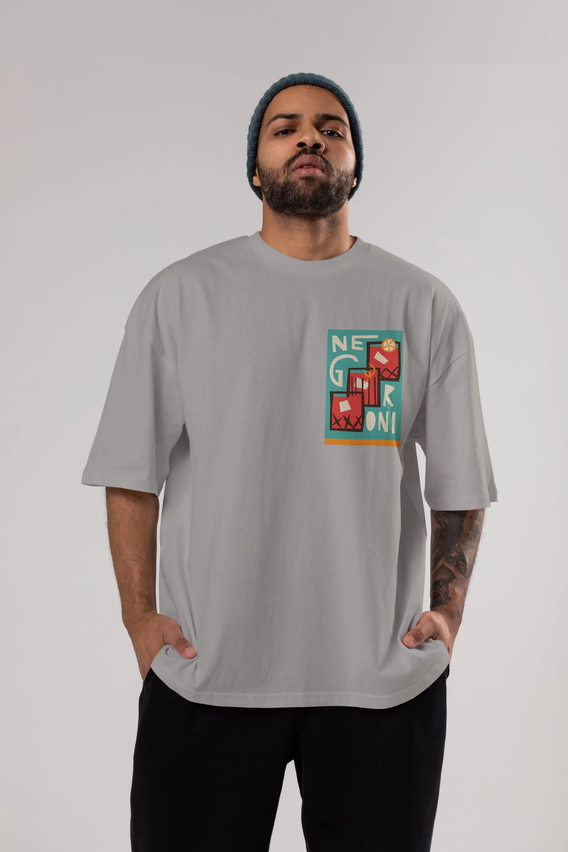 Negroni 3 Ön Sol Baskılı Oversize t-shirt Erkek Kadın Unisex %100 Pamuk Bisiklet Yaka tişort