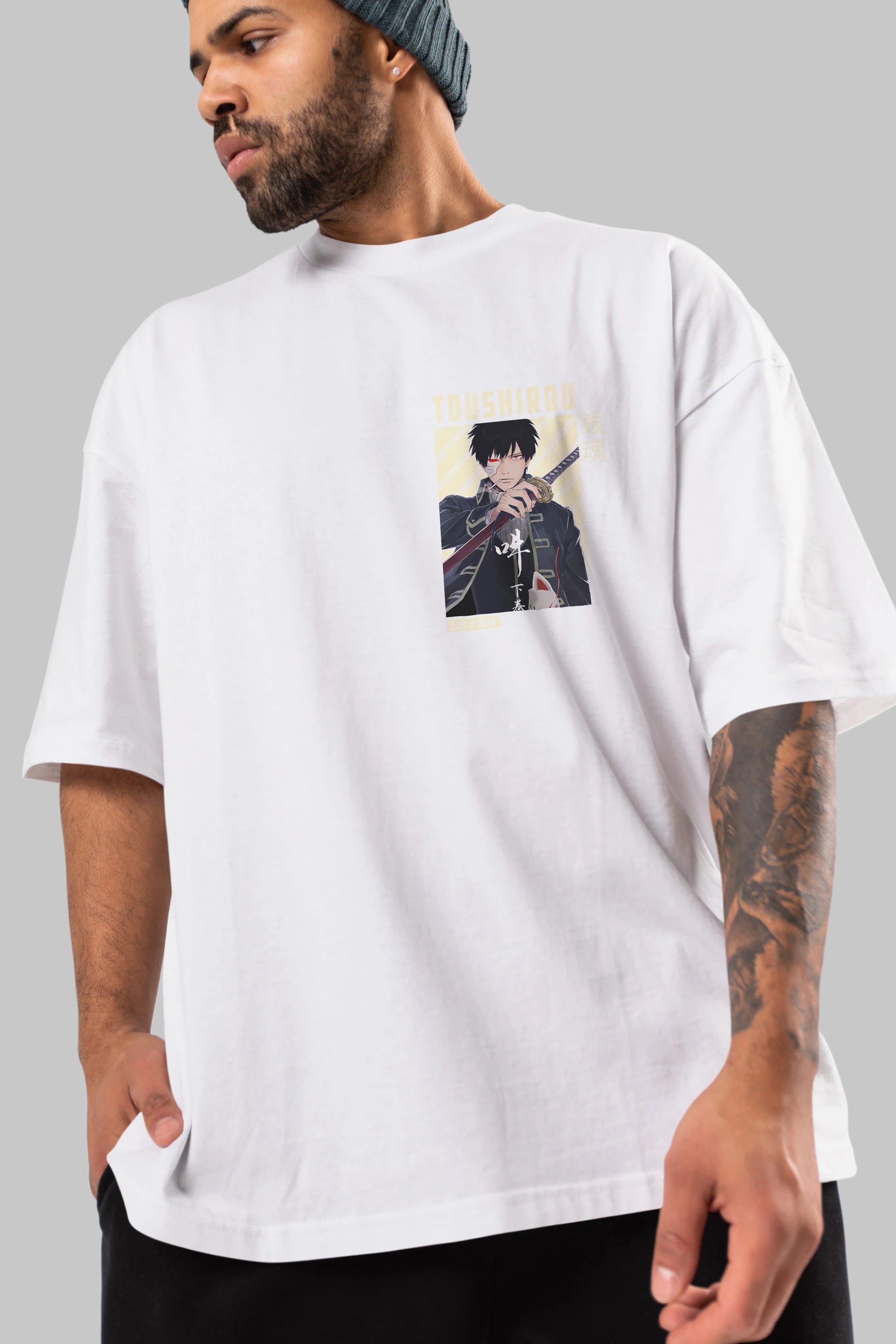 Toushirou Hijikata Ön Sol Baskılı Oversize t-shirt Erkek Kadın Unisex %100 Pamuk Bisiklet Yaka tişort