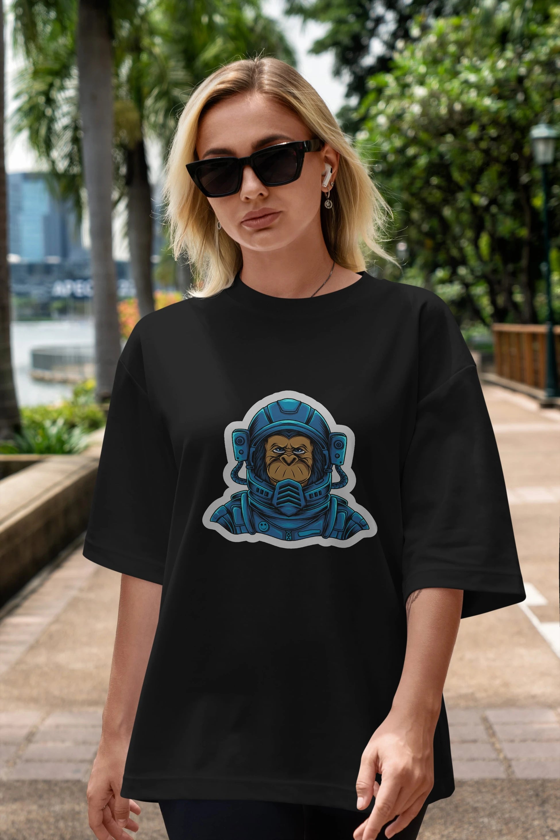 Astromonkey Sticker Ön Baskılı Oversize t-shirt Erkek Kadın Unisex