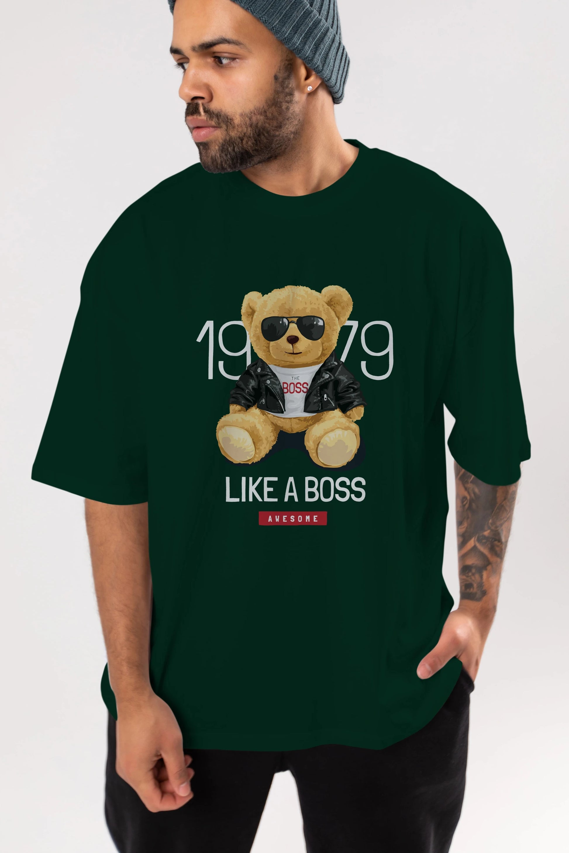 Teddy Bear Like A Boss Ön Baskılı Oversize t-shirt Erkek Kadın Unisex %100 Pamuk