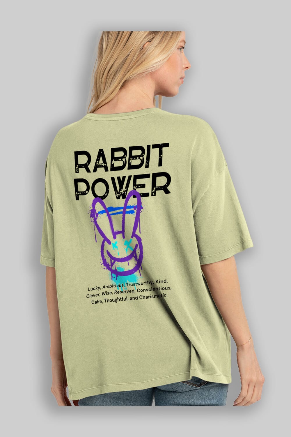 Rabbit Power Yazılı Arka Baskılı Oversize t-shirt Erkek Kadın Unisex