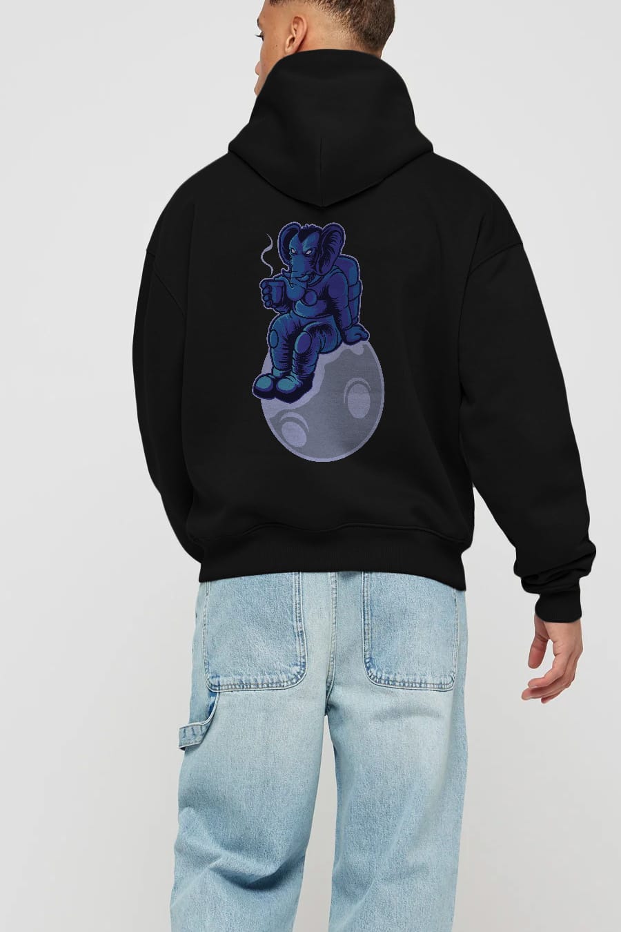 Space Elephant Drink Coffee Arka Baskılı Hoodie Oversize Kapüşonlu Sweatshirt Erkek Kadın Unisex