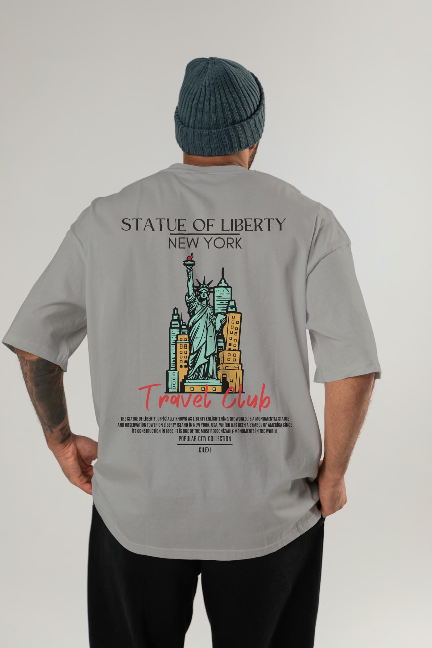 Statue Of Liberty New York Arka Baskılı Oversize t-shirt Erkek Kadın Pamuk Bisiklet Yaka tişort