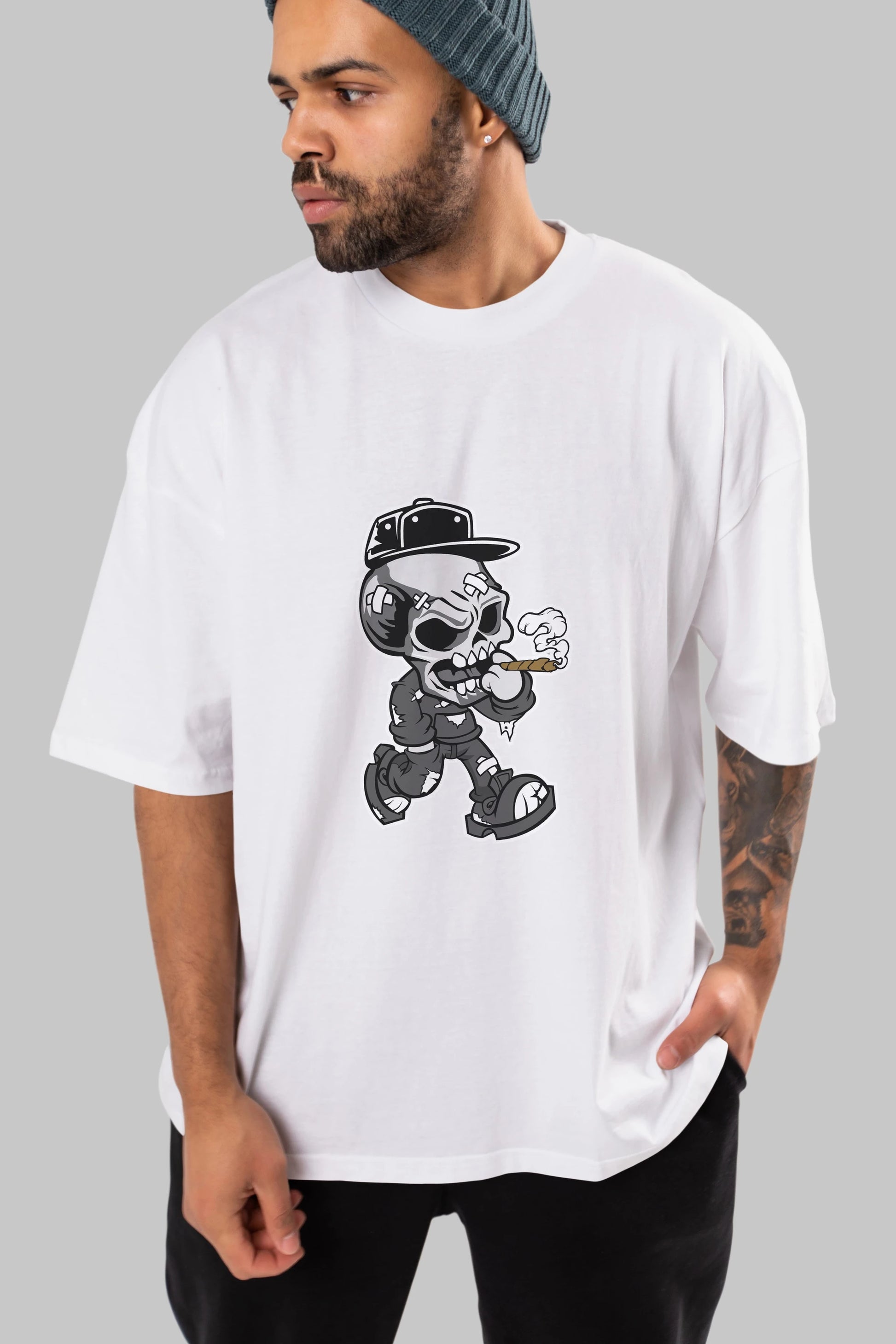 Skull Smoker Ön Baskılı Oversize t-shirt Erkek Kadın Unisex %100 Pamuk tişort