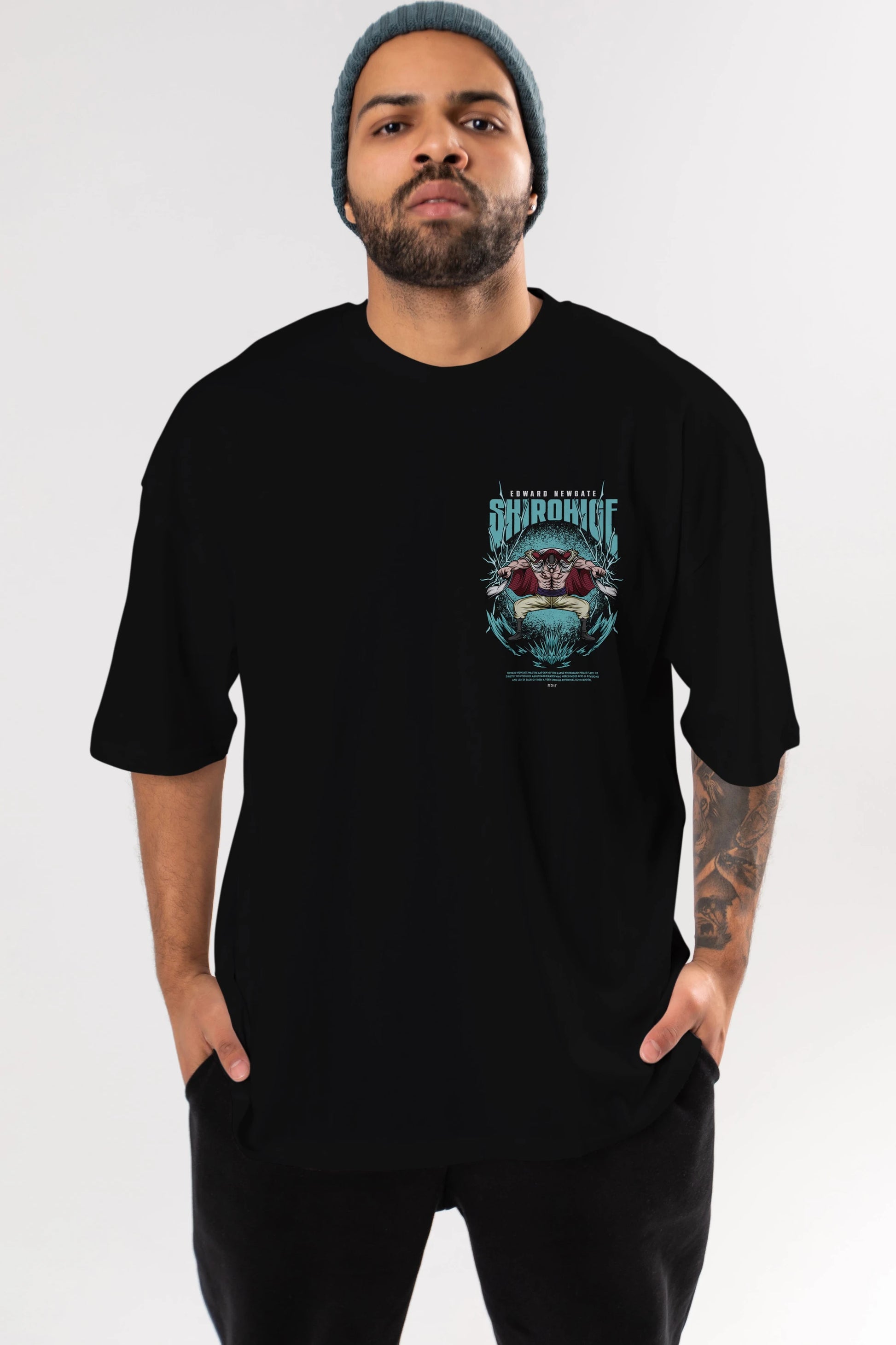 Shirohige Ön Sol Baskılı Oversize t-shirt Erkek Kadın Unisex %100 Pamuk Bisiklet Yaka tişort