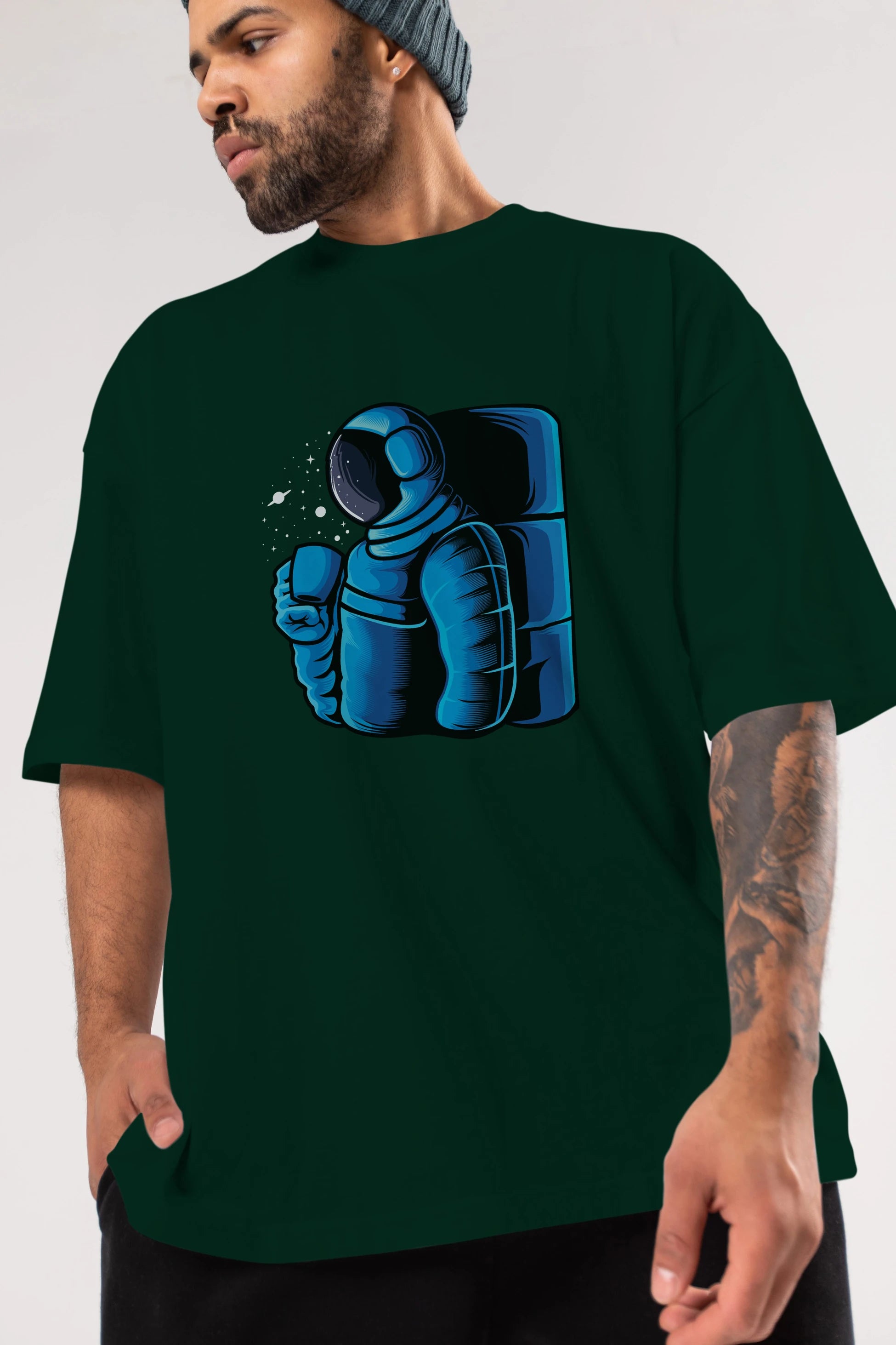 Drinking coffee in space Ön Baskılı Oversize t-shirt Erkek Kadın Unisex