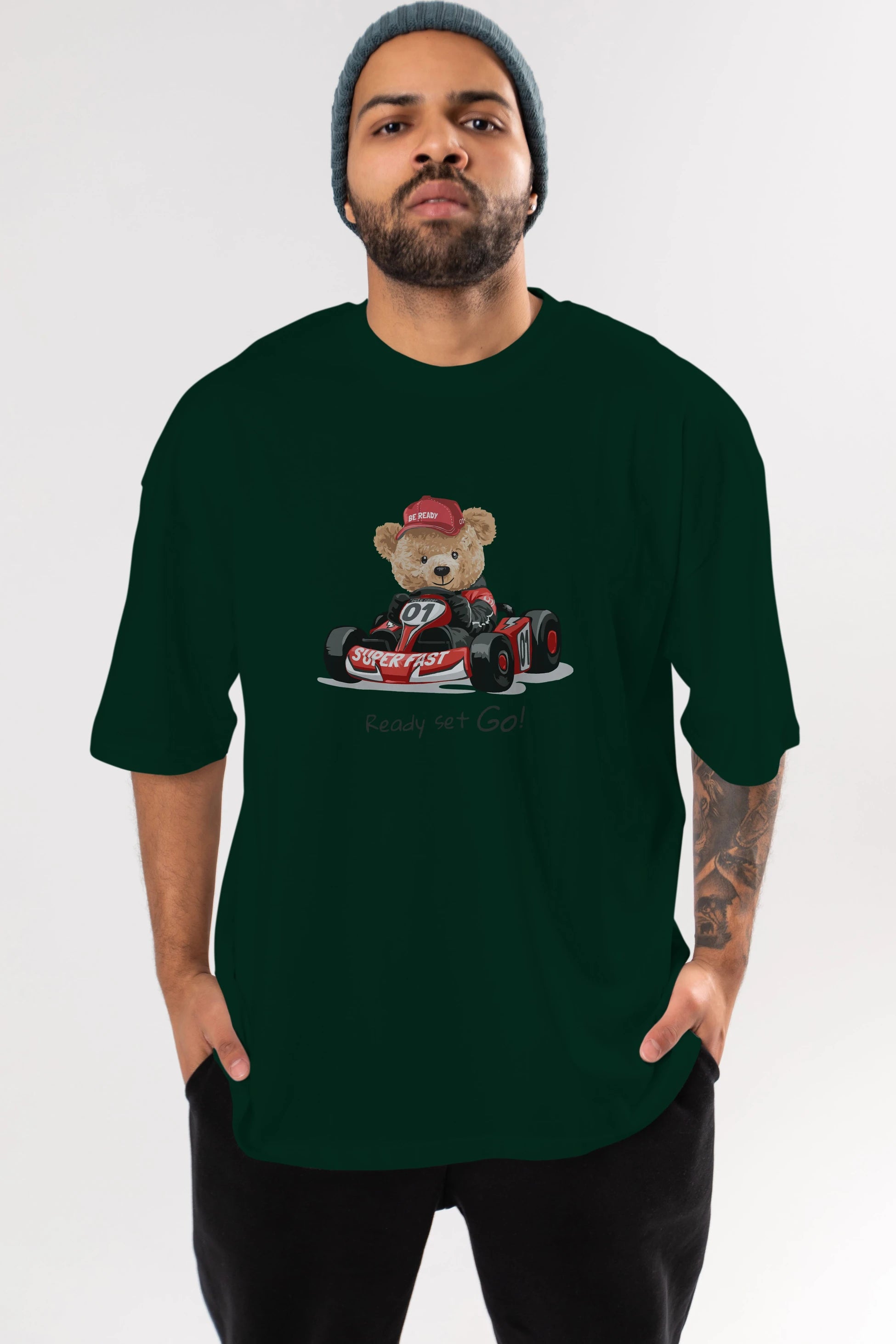 Teddy Bear Ready Set Go Ön Baskılı Oversize t-shirt Erkek Kadın Unisex %100 Pamuk