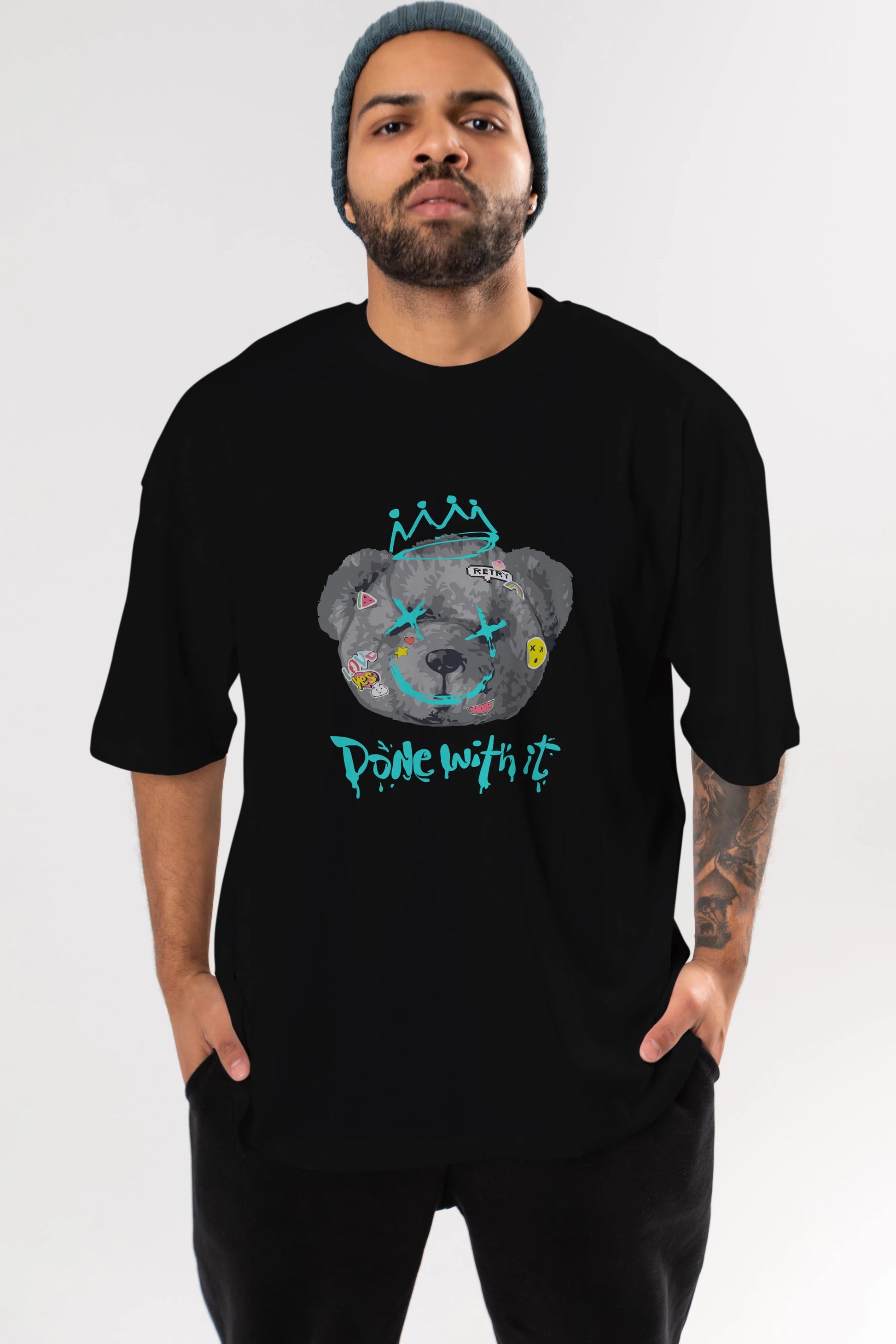 Done With it Bear Ön Baskılı Oversize t-shirt Erkek Kadın Unisex