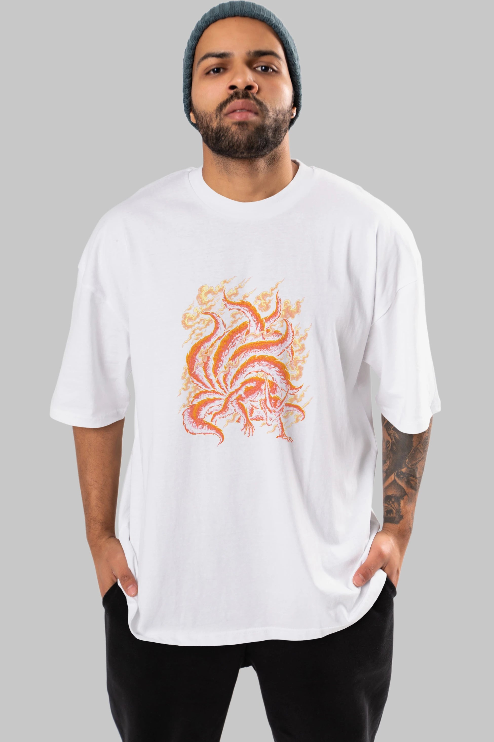 NARUTO KYUUBI Anime Ön Baskılı Oversize t-shirt %100 pamuk Erkek Kadın Unisex