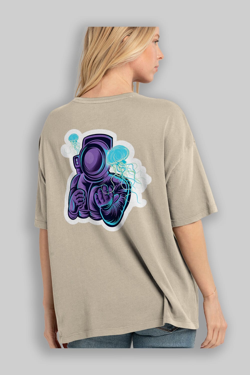 Astronaut and Jellyfish Sticker Arka Baskılı Oversize t-shirt Erkek Kadın Unisex