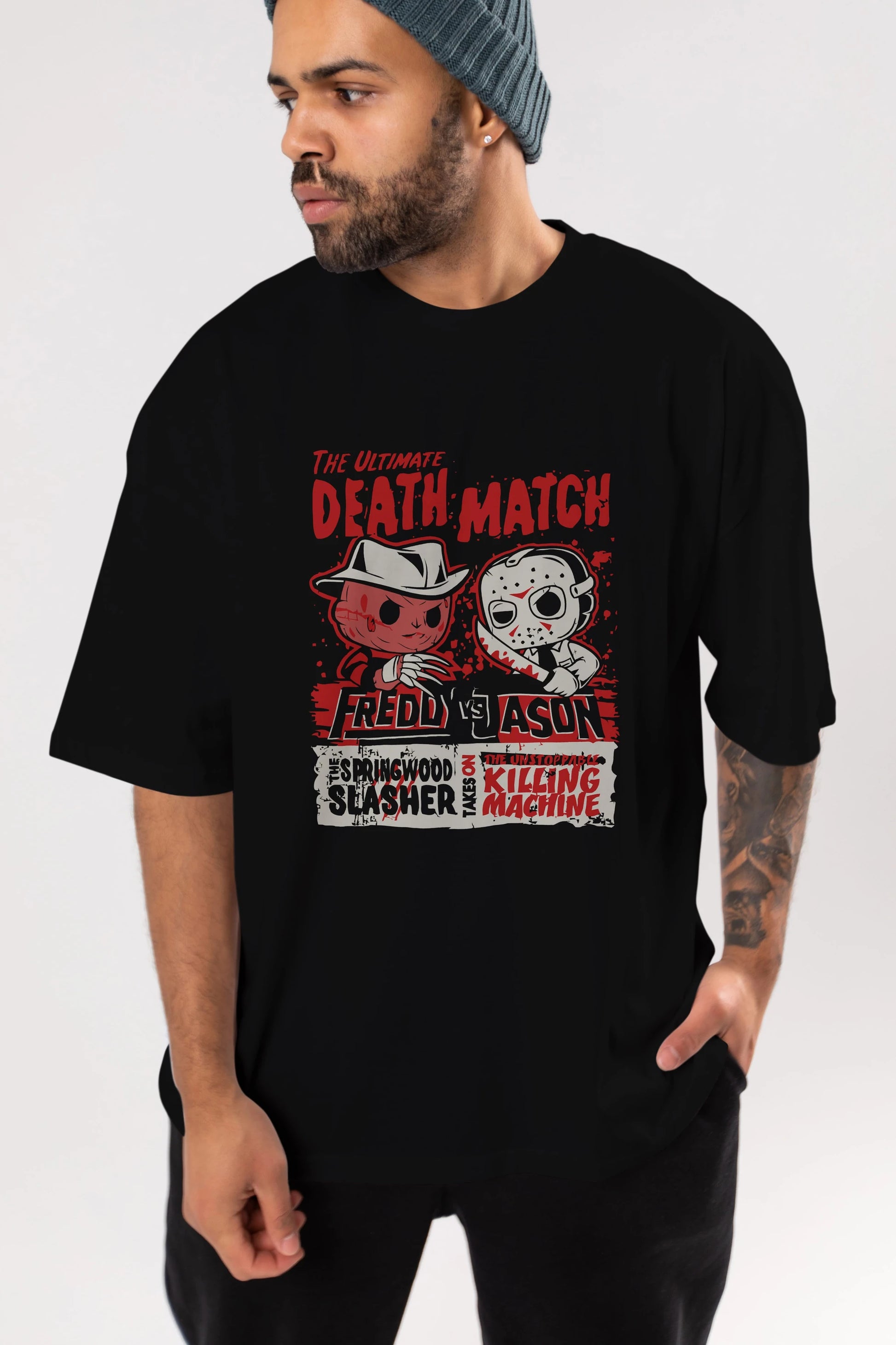 Freddy vs Jason Ön Baskılı Oversize t-shirt Erkek Kadın Unisex %100 Pamuk Bisiklet Yaka tişort