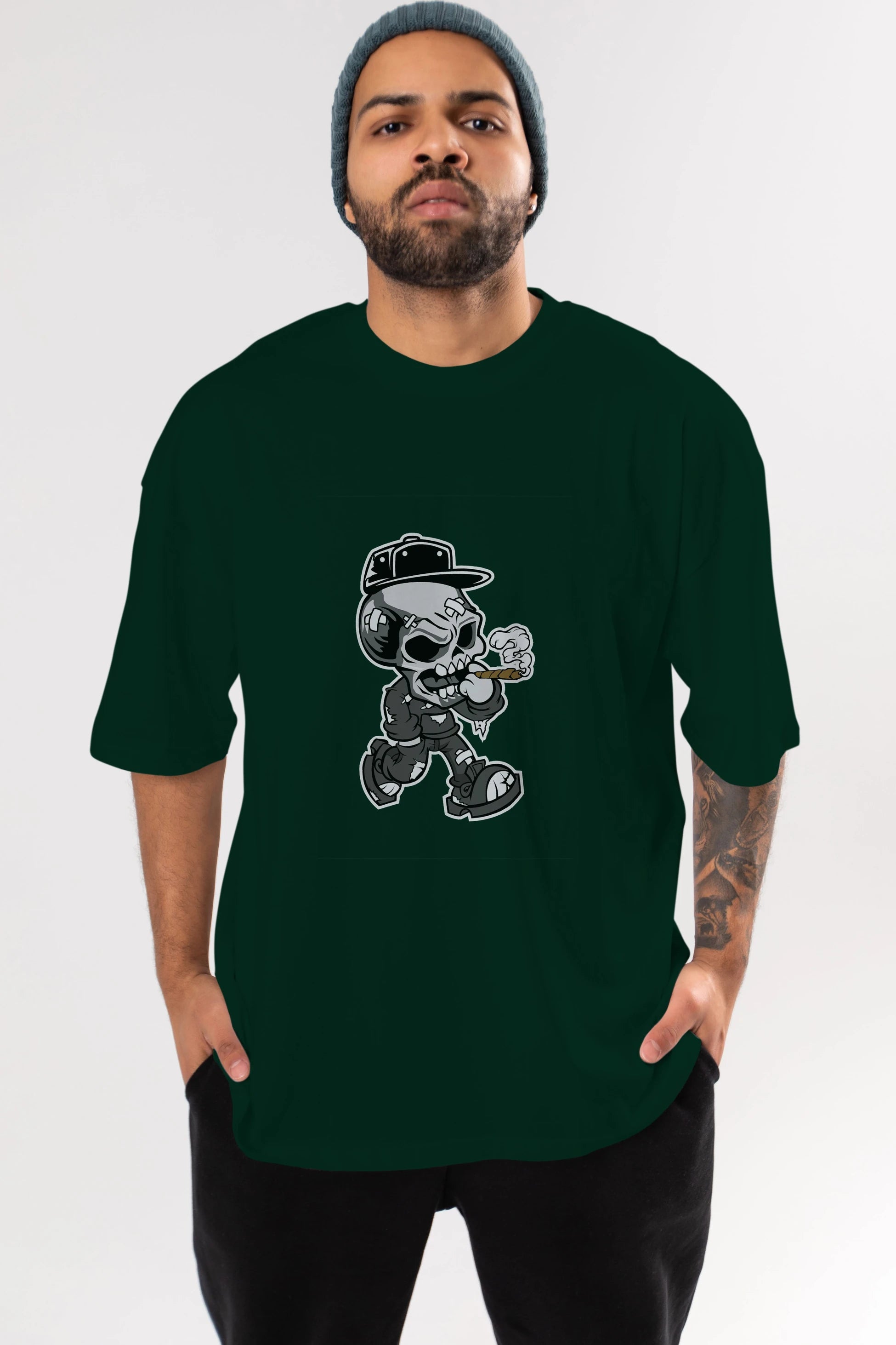 Skull Smoker Ön Baskılı Oversize t-shirt Erkek Kadın Unisex %100 Pamuk tişort
