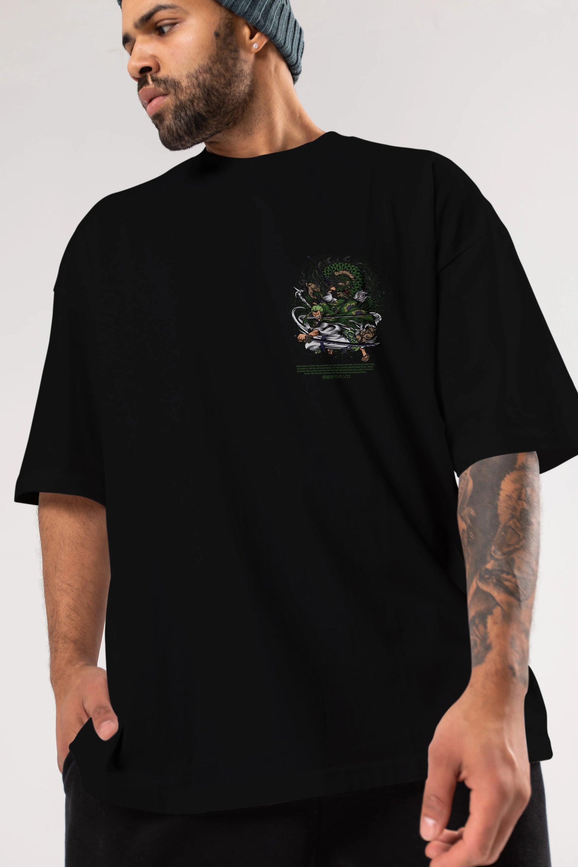 Zoro Ön Sol Baskılı Oversize t-shirt Erkek Kadın Unisex %100 Pamuk Bisiklet Yaka tişort