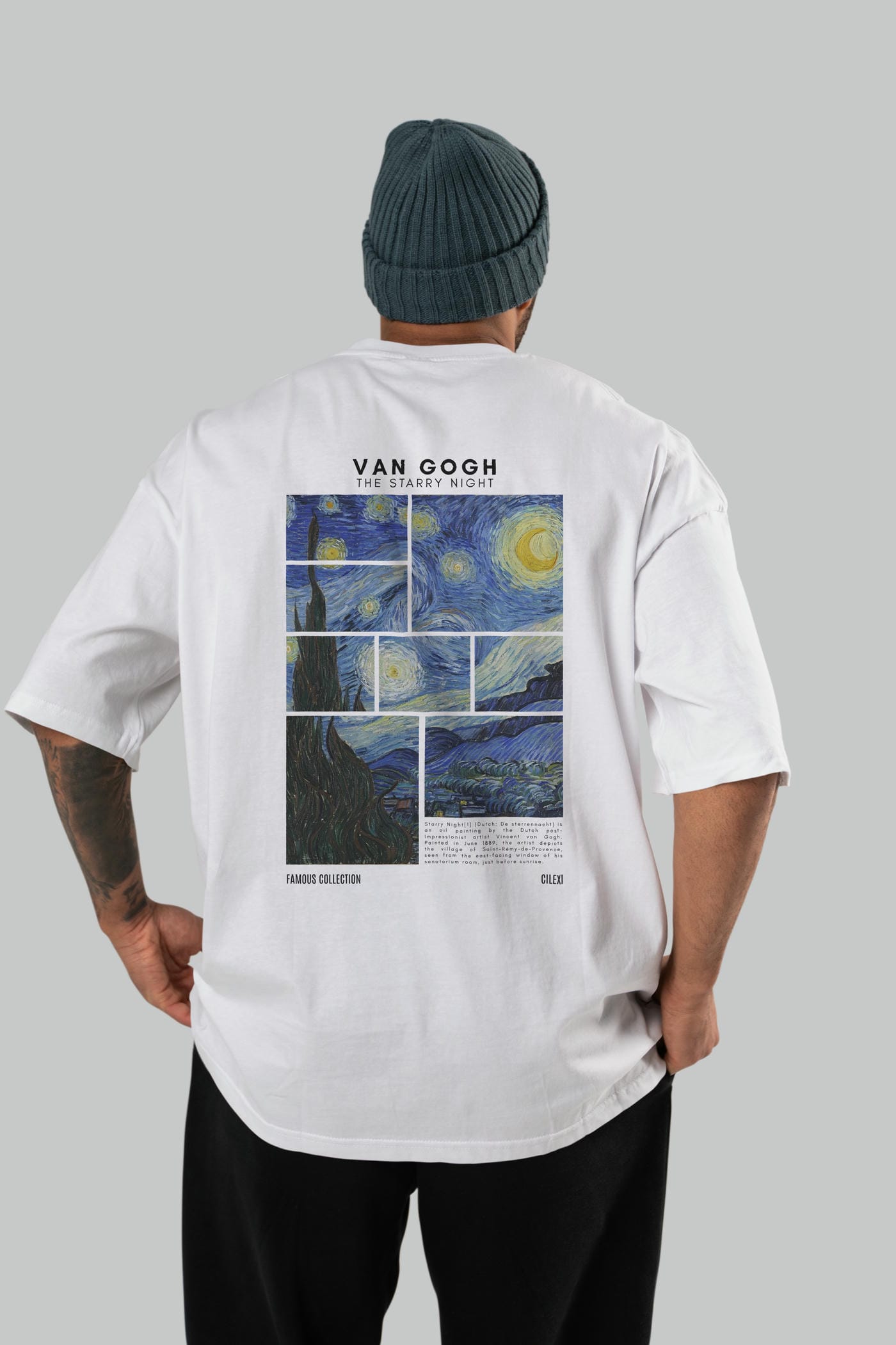 Van Gogh The Starry Night Arka Baskılı Oversize t-shirt Erkek Kadın Bisiklet Yaka Pamuk tişort