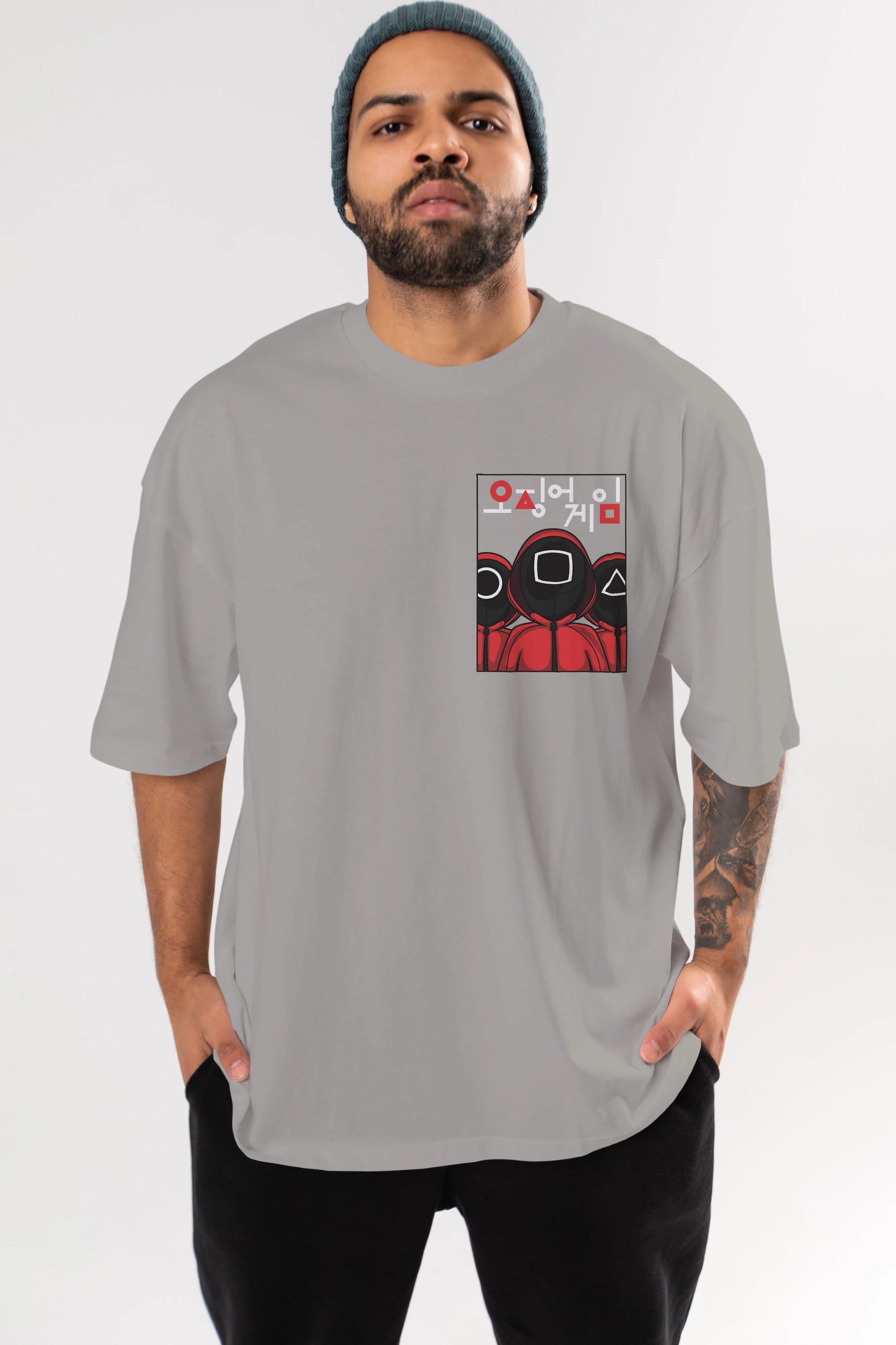 Squid Game (7) Ön Sol Baskılı Oversize t-shirt Erkek Kadın Unisex %100 Pamuk Bisiklet Yaka tişort