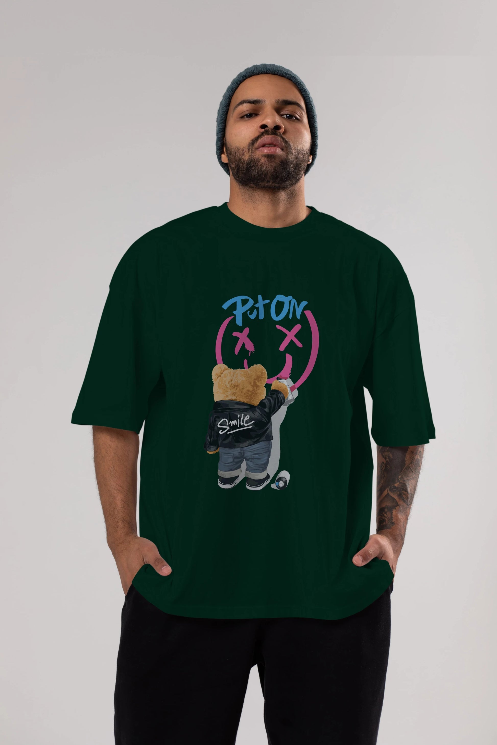 Put on Smile Bear Ön Baskılı Oversize t-shirt Erkek Kadın Unisex