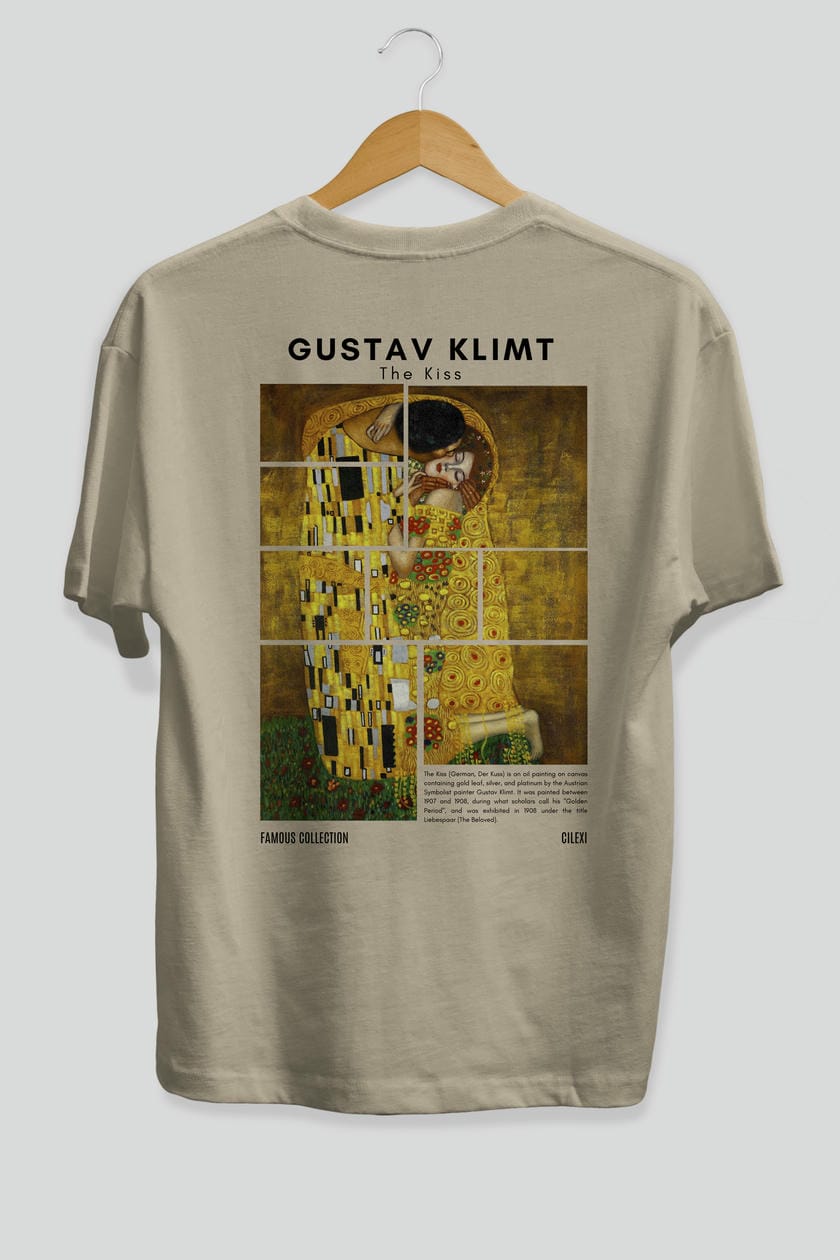 Gustav Klimt The Kiss Arka Baskılı Oversize t-shirt Erkek Kadın Bisiklet Yaka Pamuk tişort