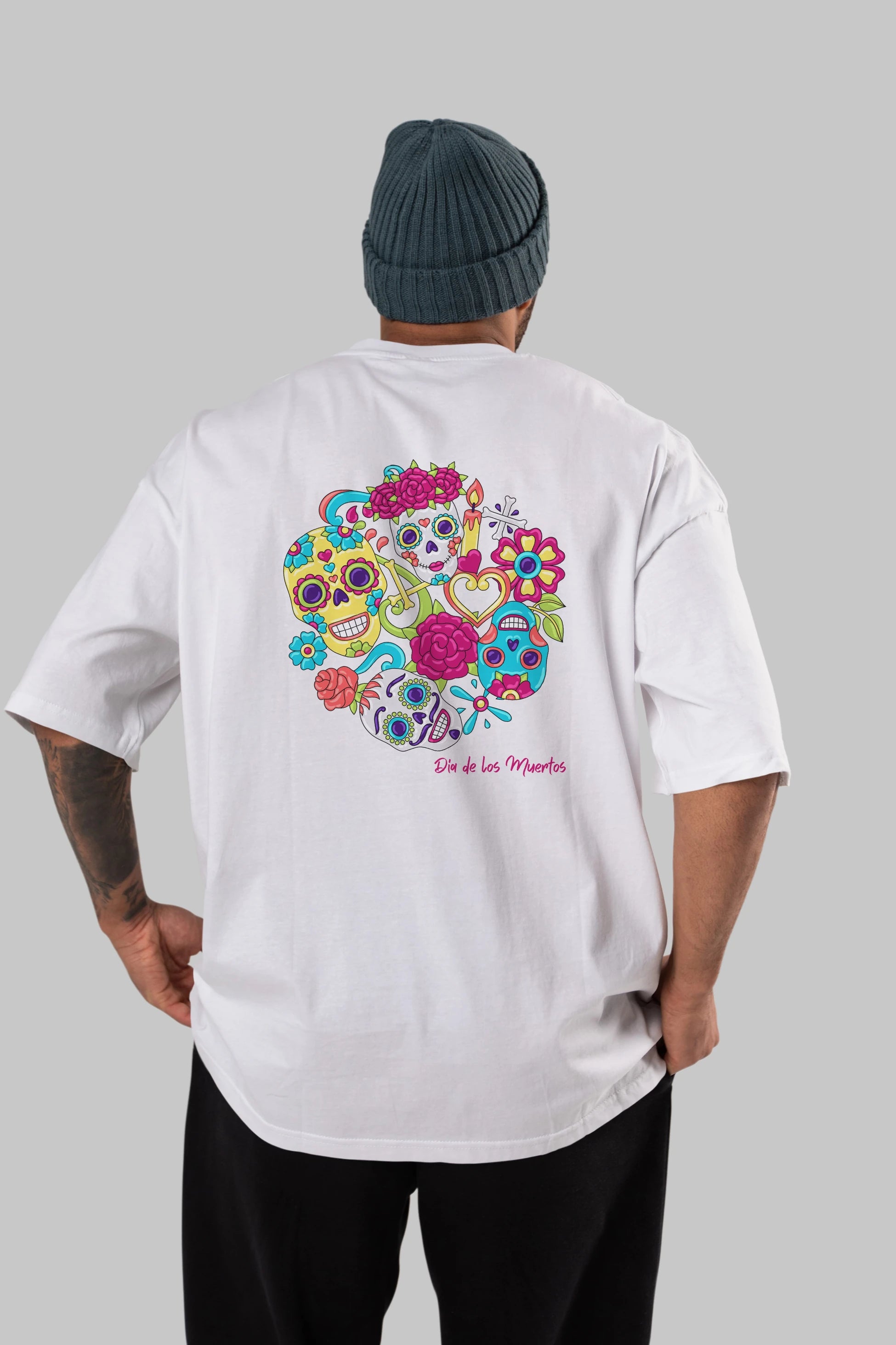 Dia de los Muertos Arka Baskılı Oversize t-shirt Erkek Kadın Unisex