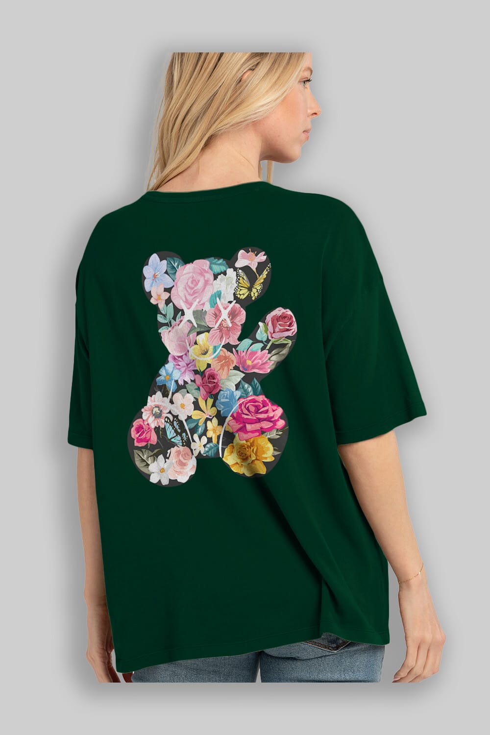 Flowers Bear Arka Baskılı Oversize t-shirt Erkek Kadın Unisex