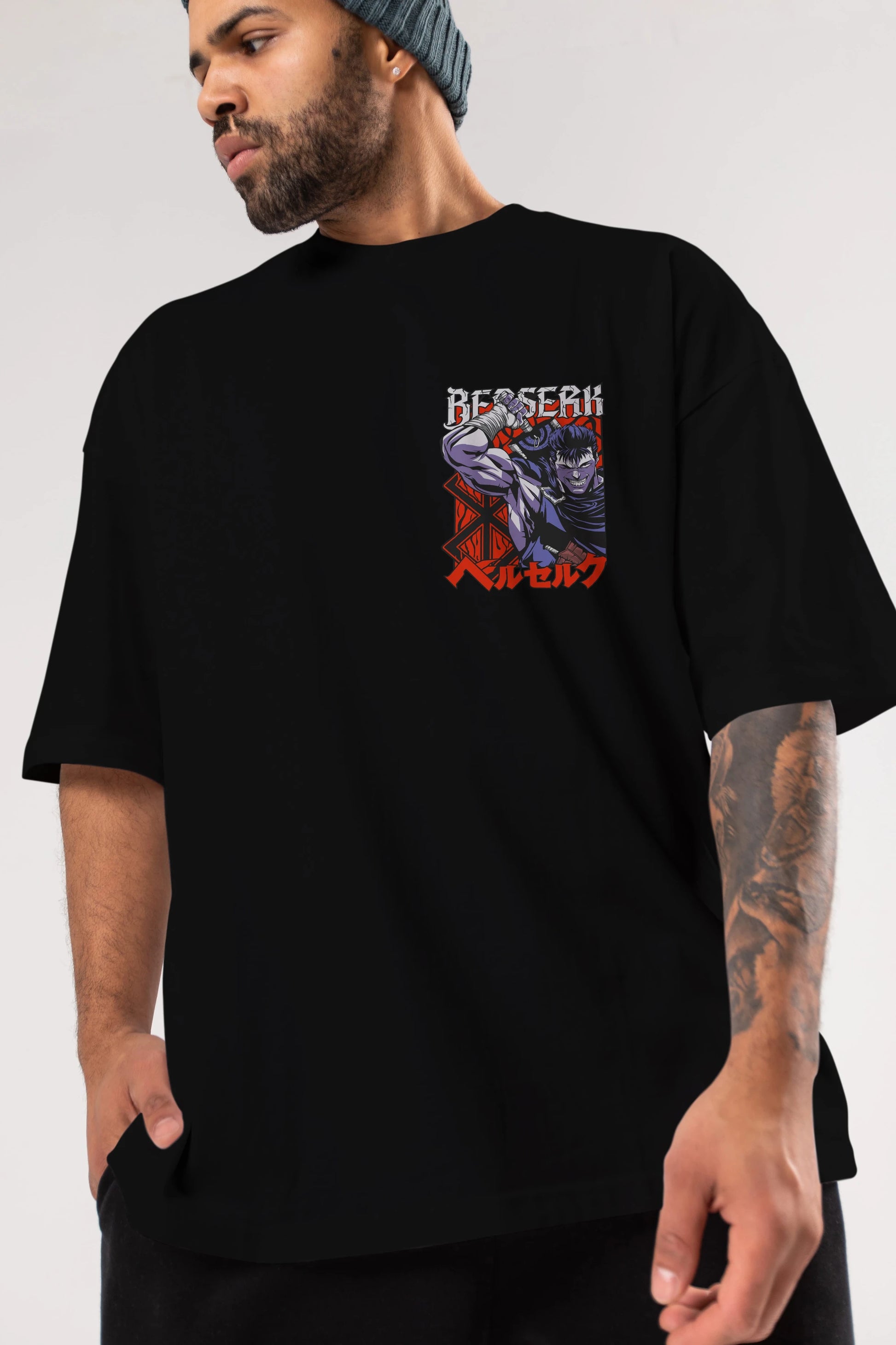 GUTS berserk Ön Sol Baskılı Oversize t-shirt Erkek Kadın Unisex %100 Pamuk Bisiklet Yaka tişort