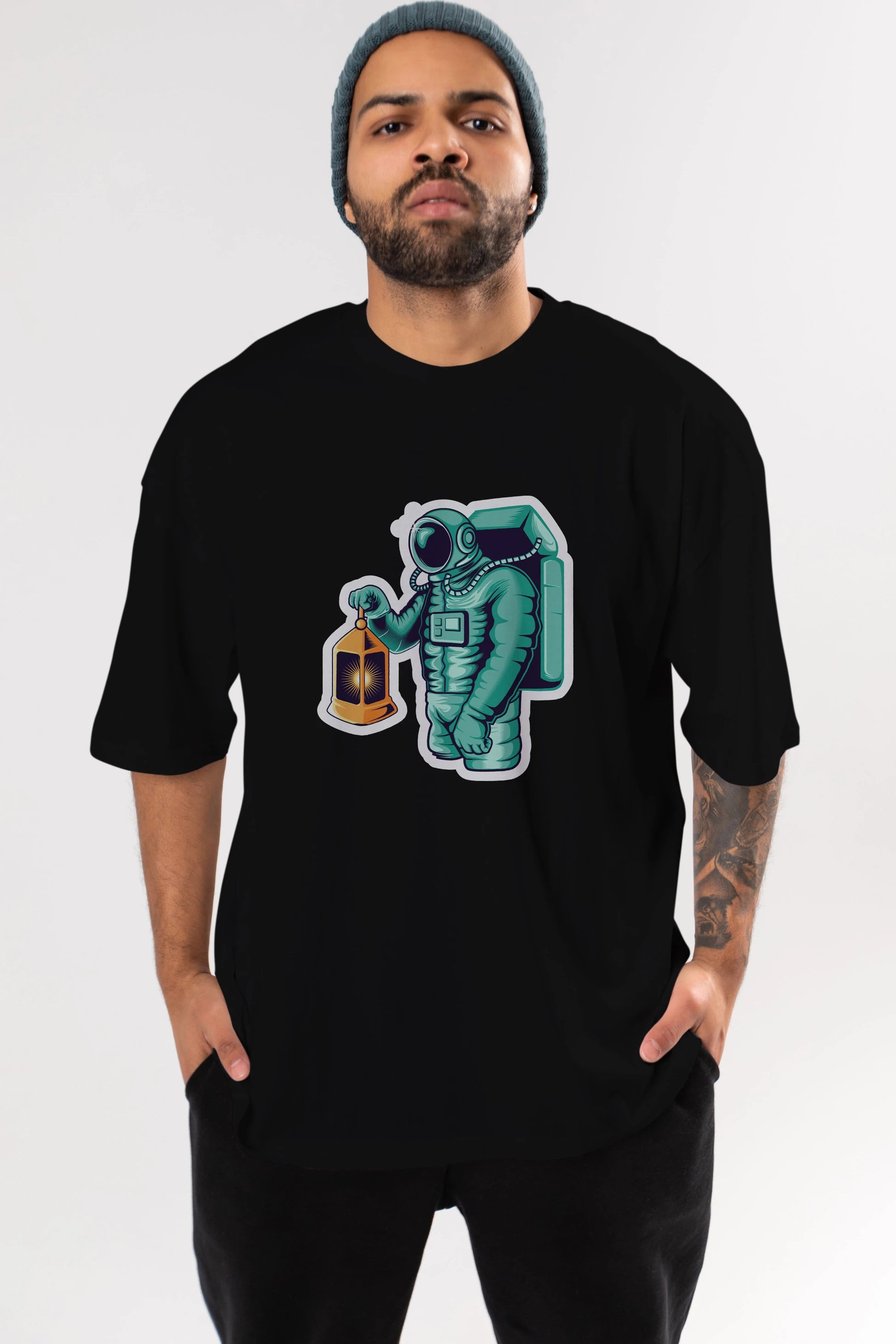 Astronaut Lantern Sticker Ön Baskılı Oversize t-shirt Erkek Kadın Unisex