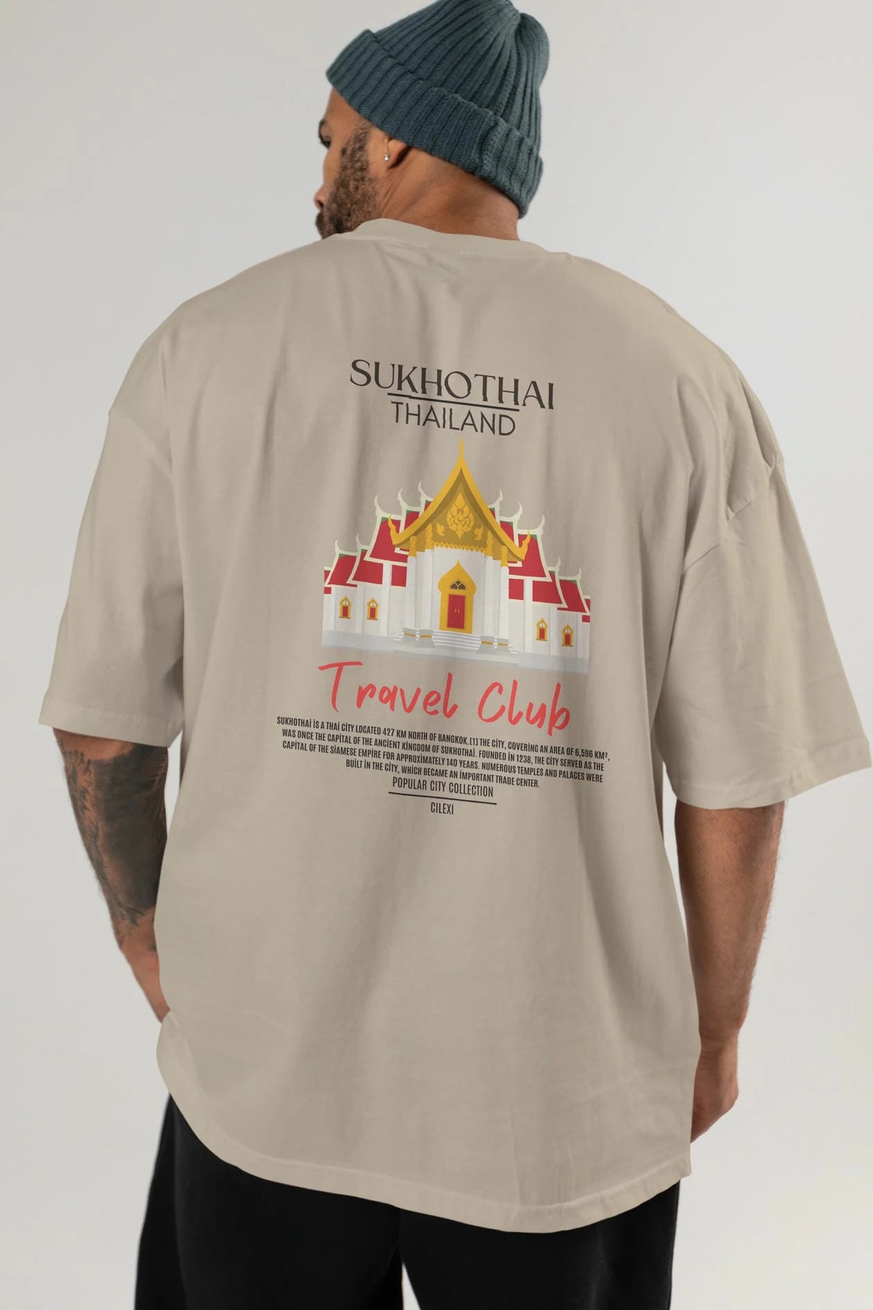 Sukhothai Thailand Arka Baskılı Oversize t-shirt Erkek Kadın Pamuk Bisiklet Yaka tişort