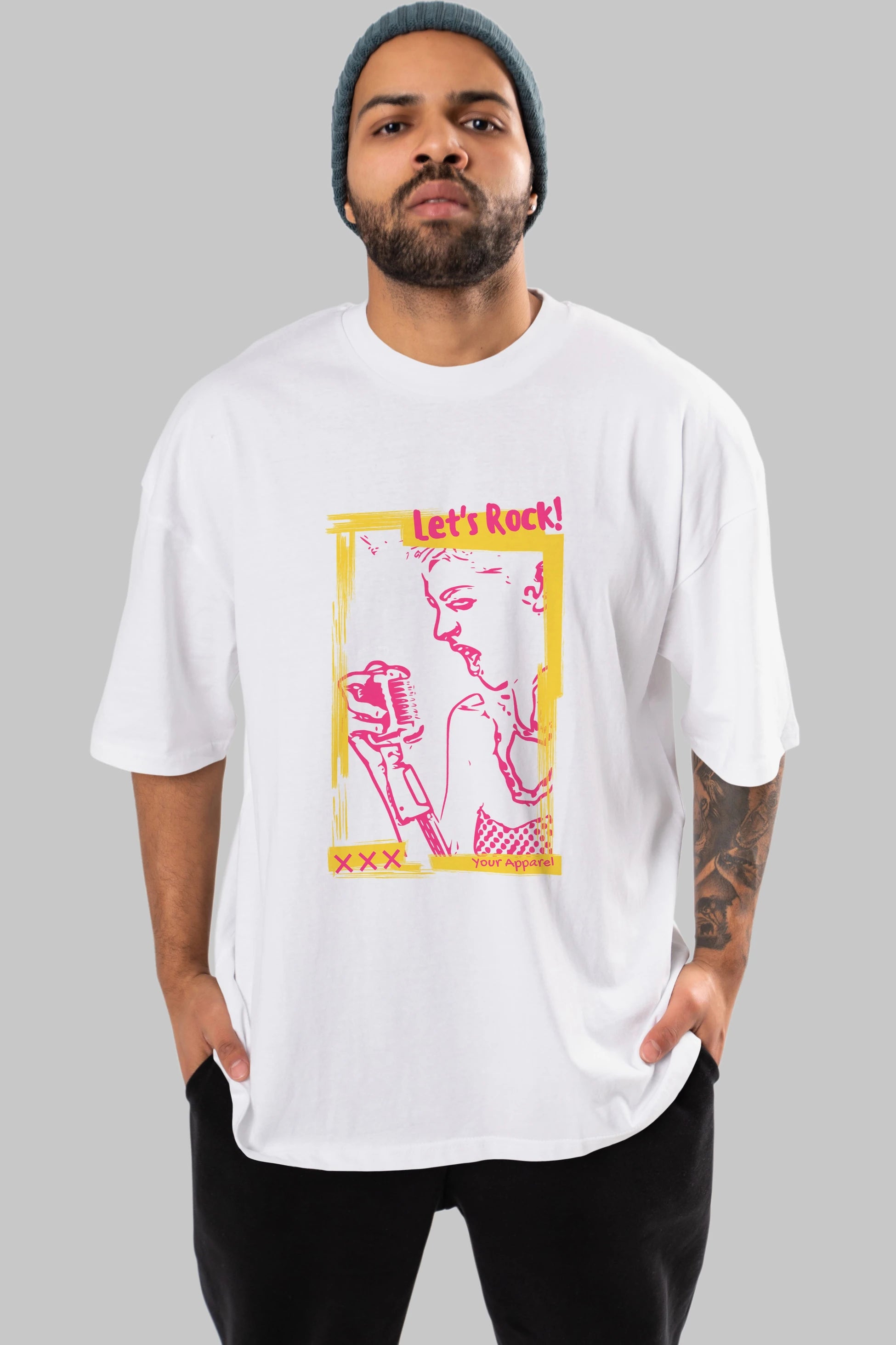Let's Rock Yazılı Ön Baskılı Oversize t-shirt Erkek Kadın Unisex